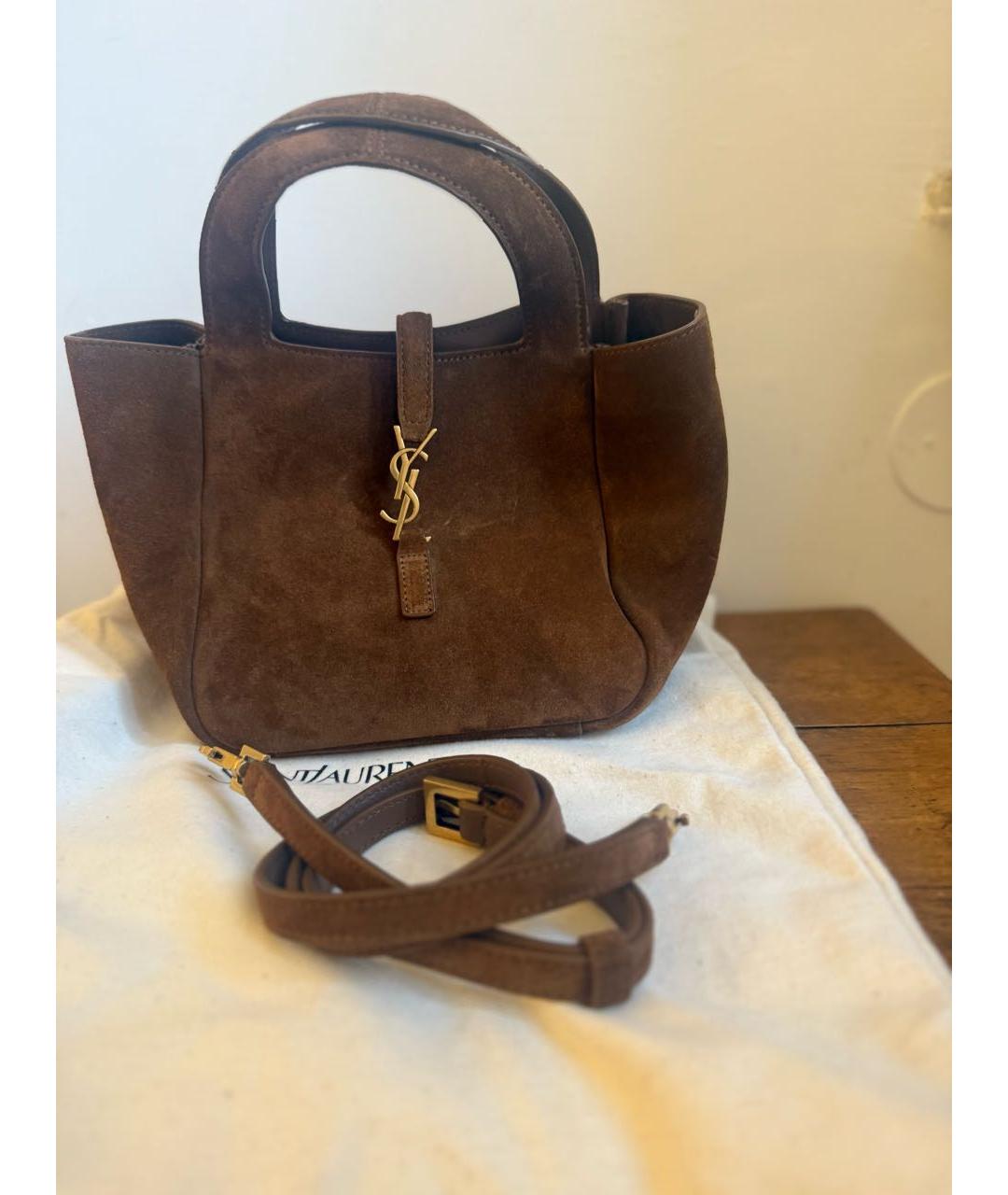SAINT LAURENT Коричневая замшевая сумка с короткими ручками, фото 6