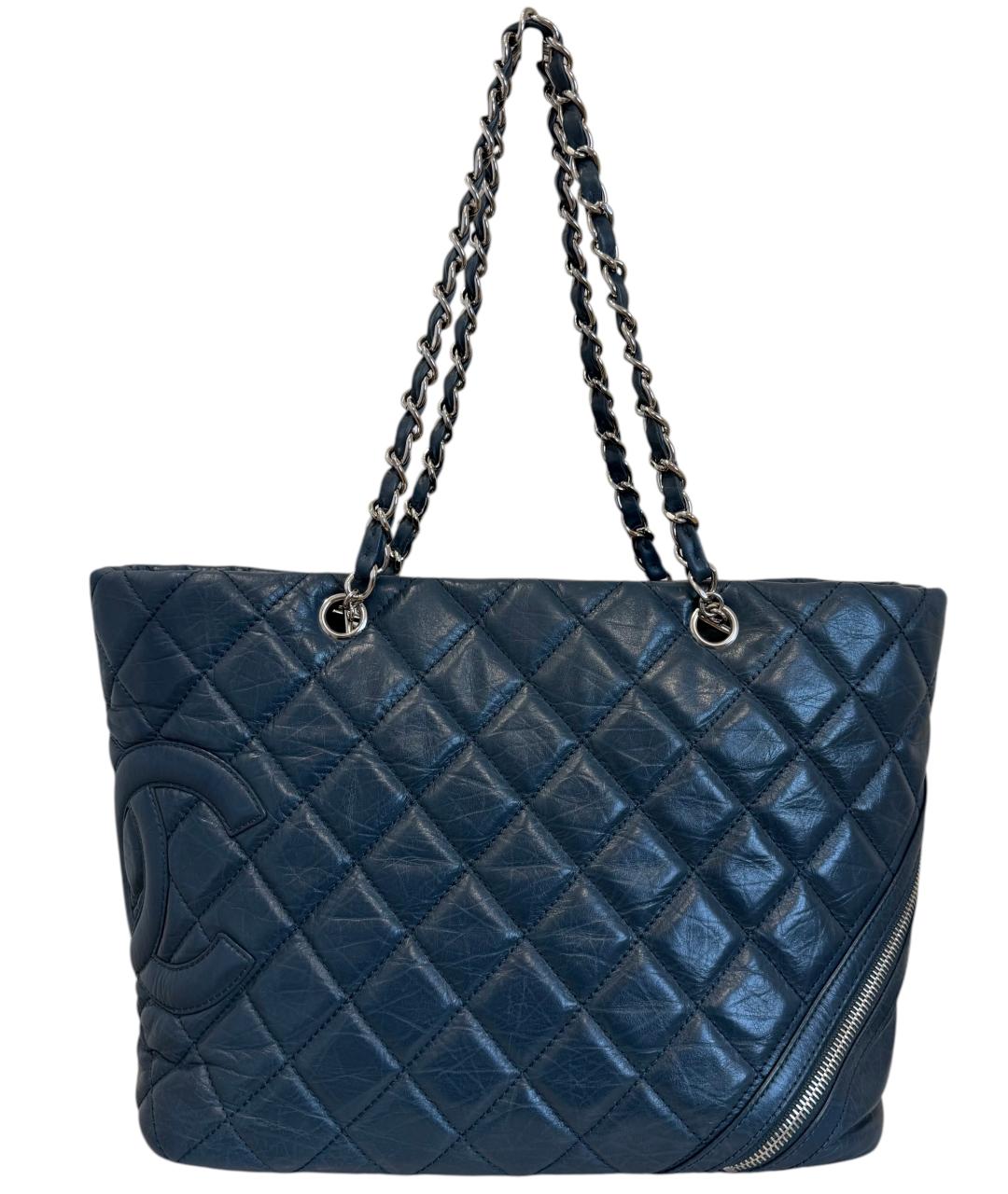 CHANEL Темно-синяя кожаная сумка тоут, фото 1