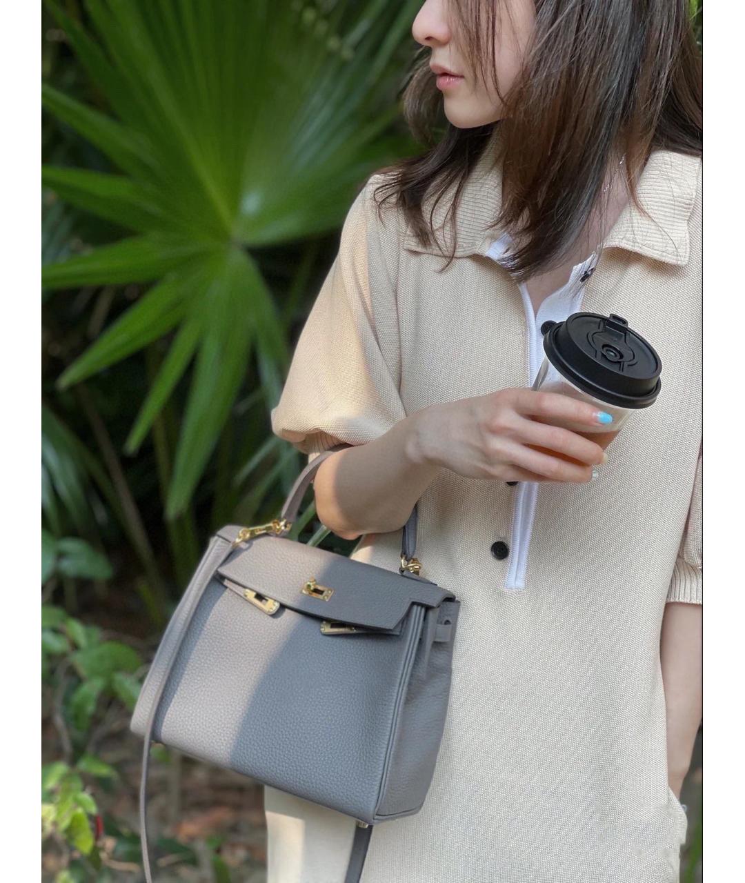 HERMES Серая кожаная сумка с короткими ручками, фото 6