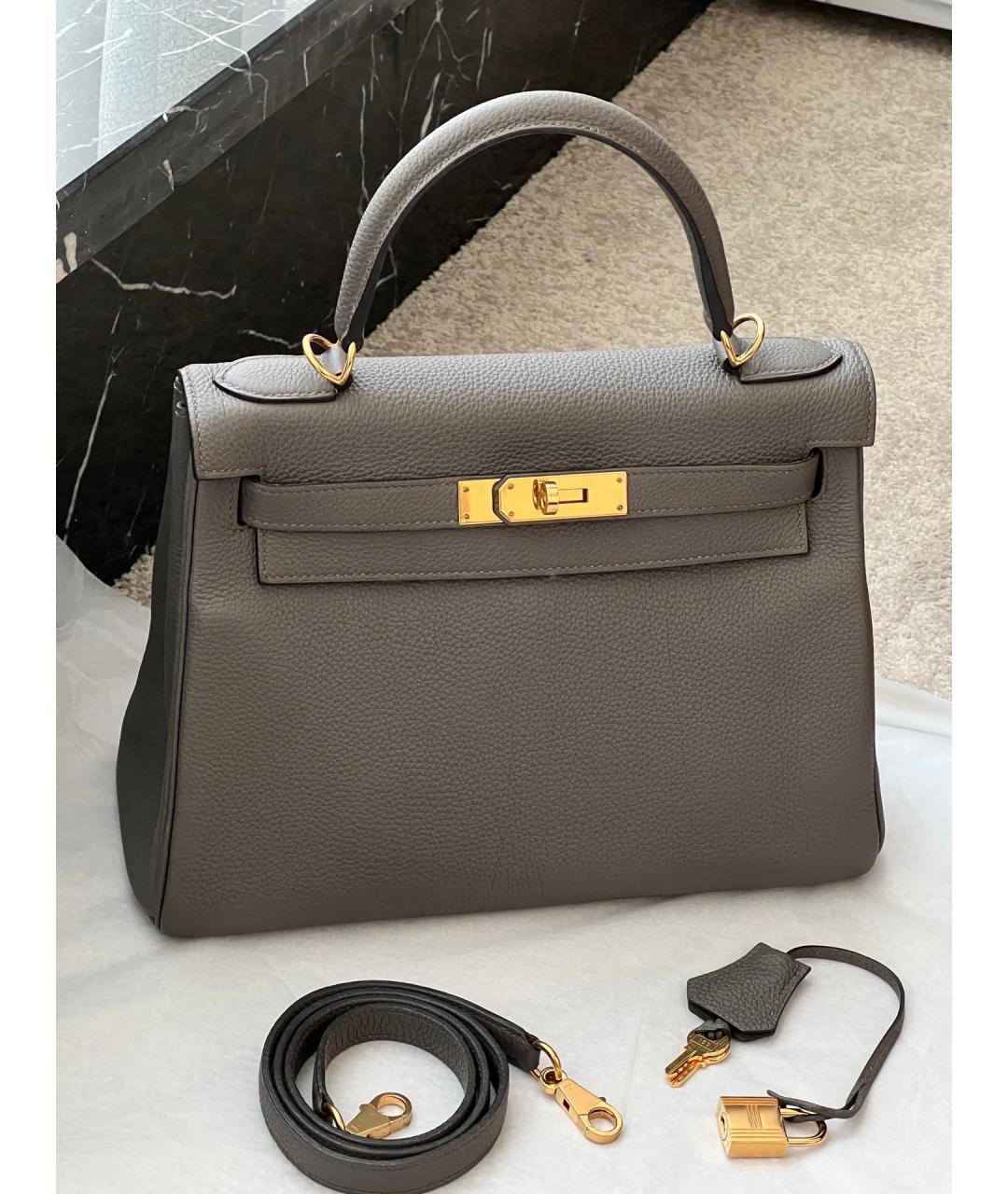 HERMES Серая кожаная сумка с короткими ручками, фото 7