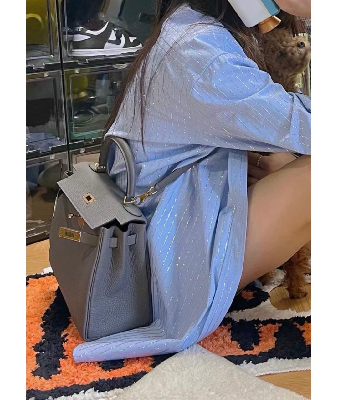 HERMES Серая кожаная сумка с короткими ручками, фото 5