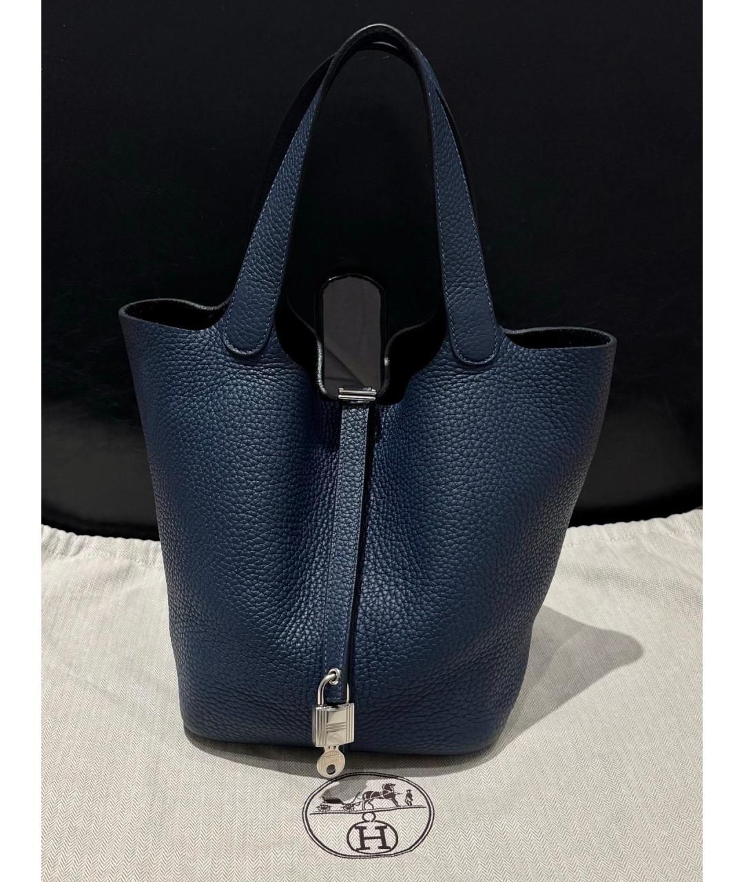 HERMES Темно-синяя кожаная сумка с короткими ручками, фото 7