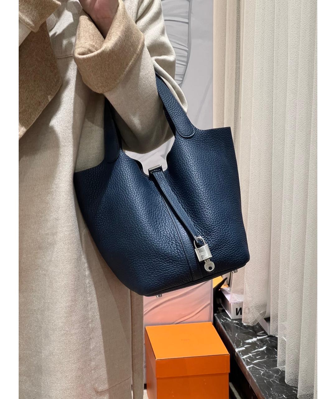 HERMES Темно-синяя кожаная сумка с короткими ручками, фото 6