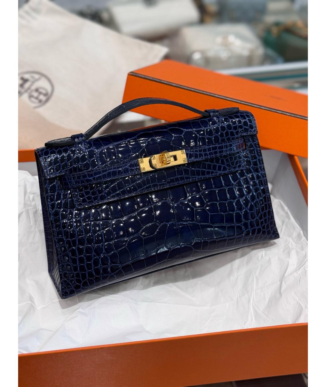 HERMES Синяя кожаная сумка с короткими ручками, фото 9