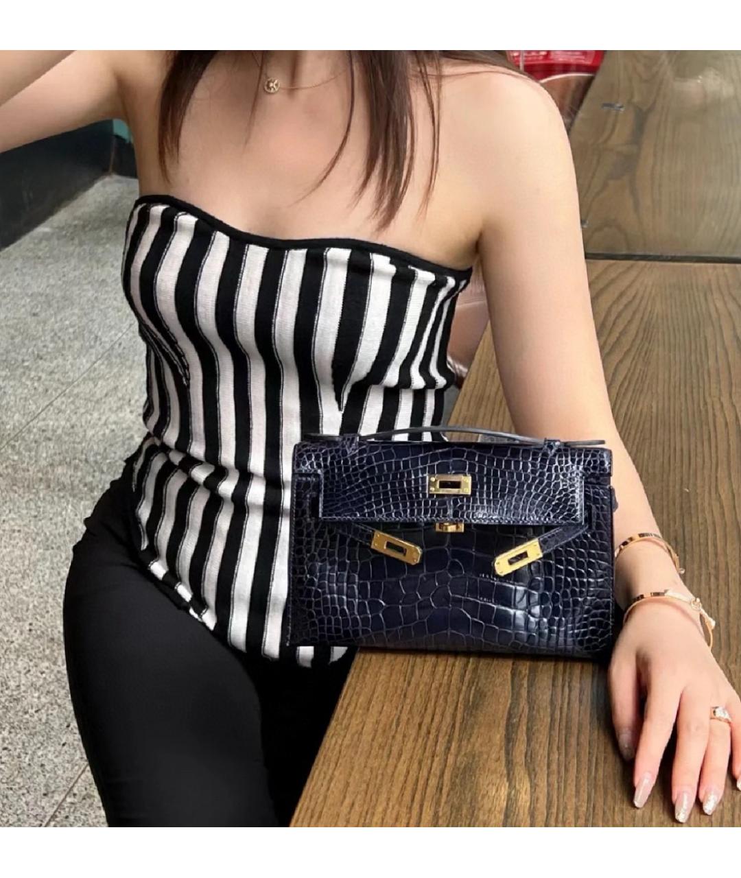 HERMES Синяя кожаная сумка с короткими ручками, фото 7