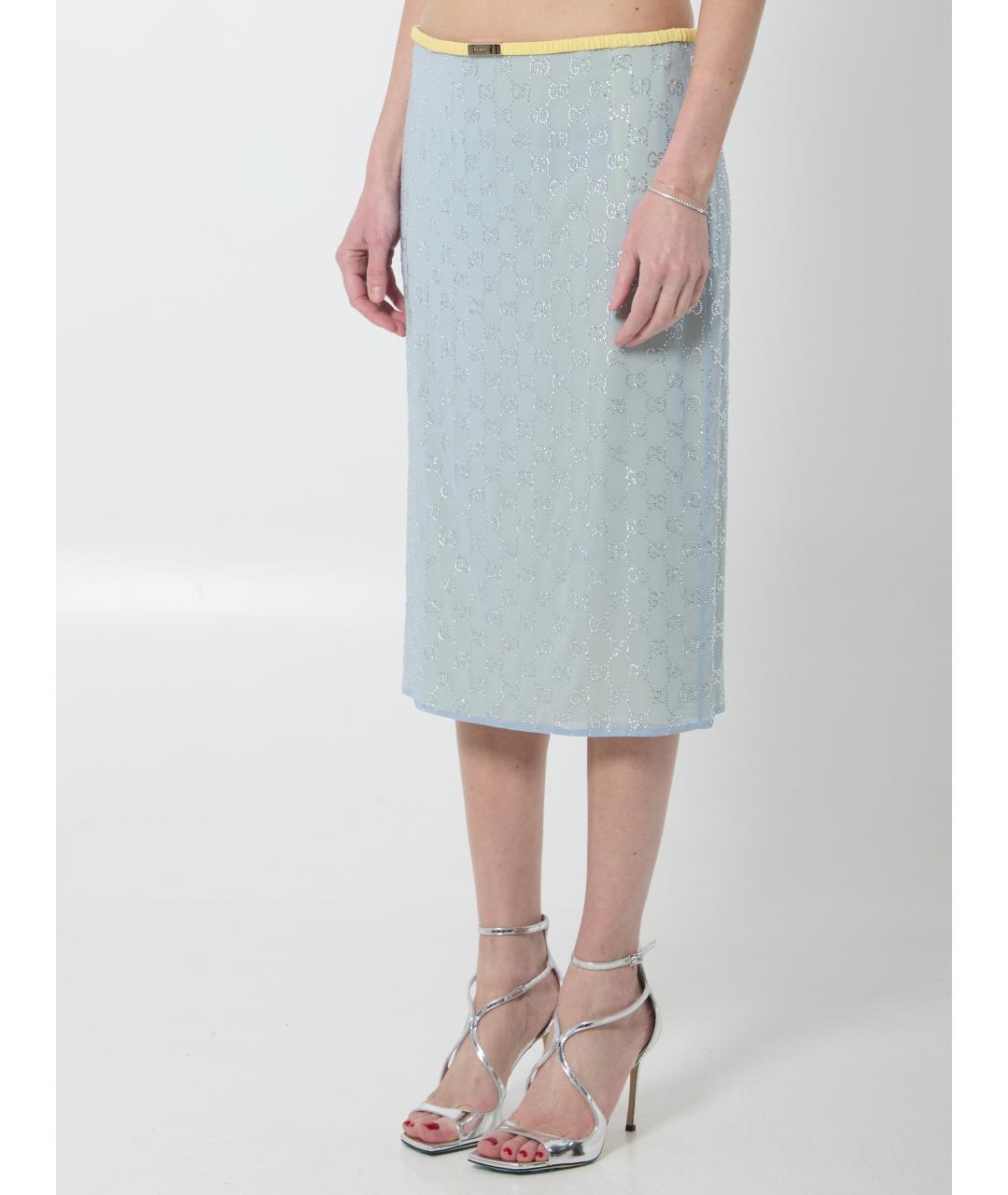 GUCCI Голубая шелковая юбка миди, фото 2
