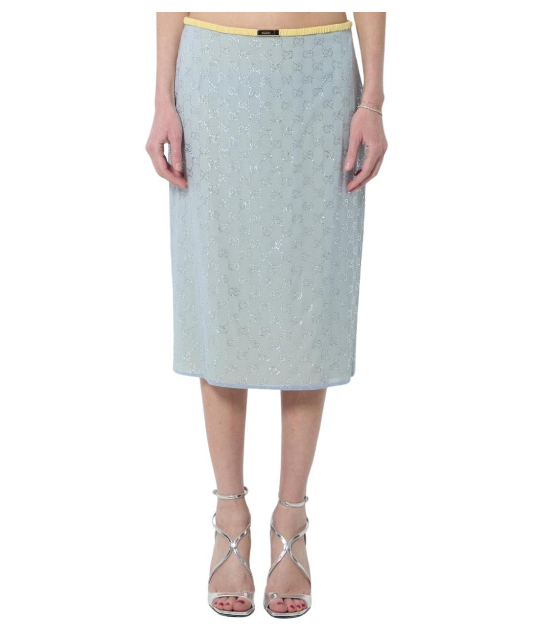 GUCCI Голубая шелковая юбка миди, фото 1