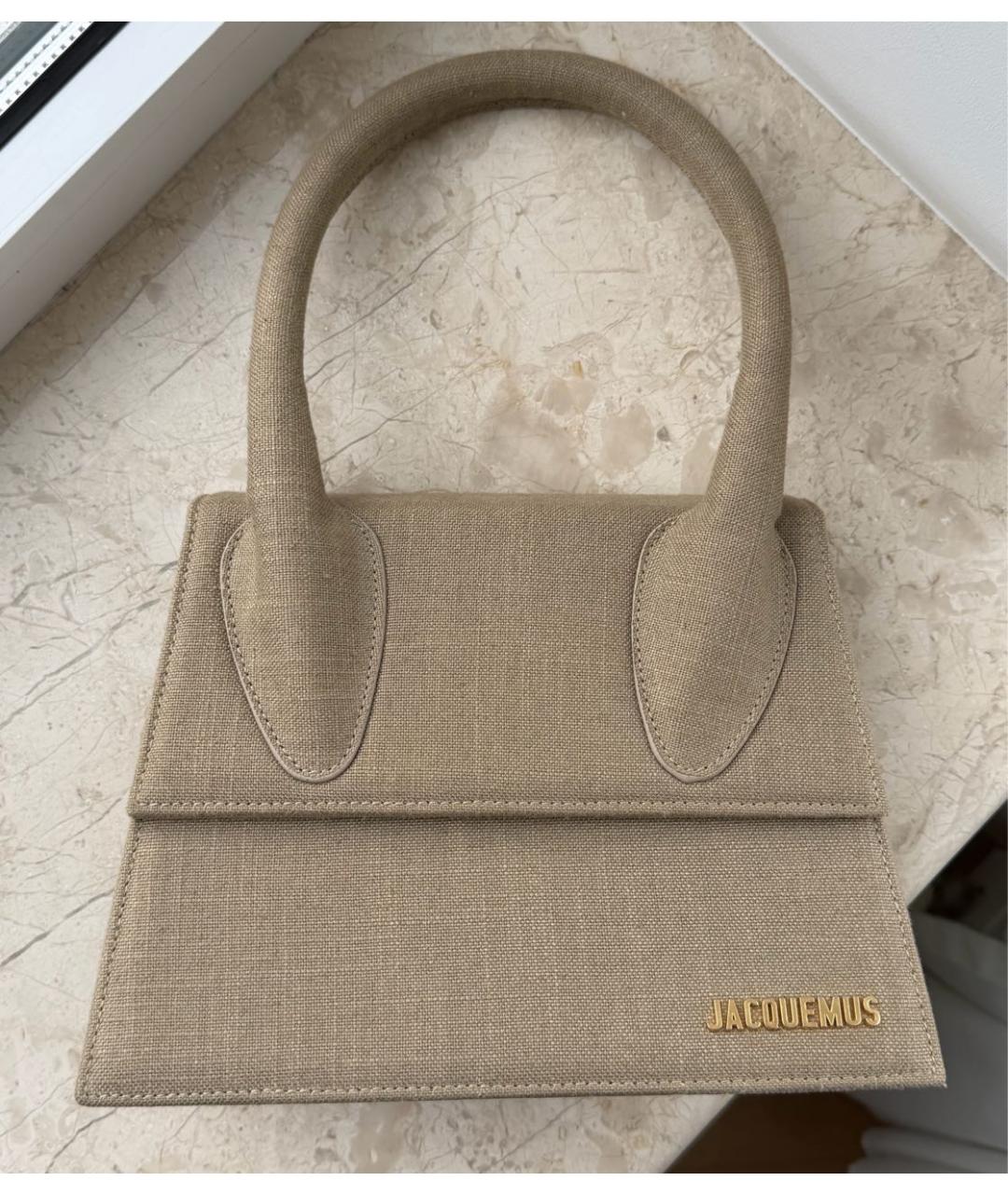 JACQUEMUS Бежевая льняная сумка с короткими ручками, фото 2