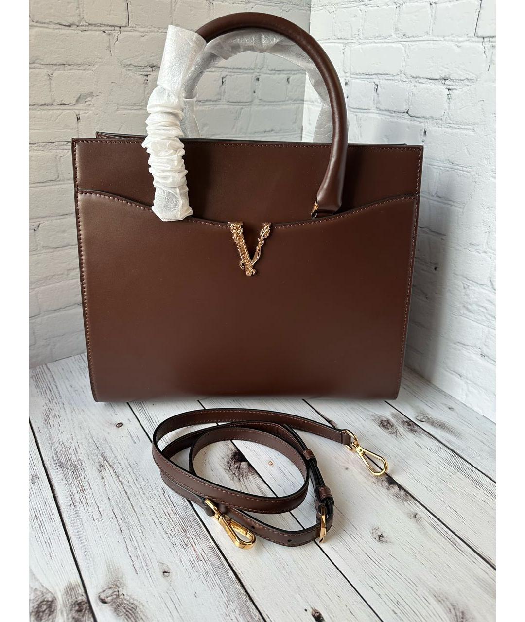 VERSACE Коричневая кожаная сумка с короткими ручками, фото 2