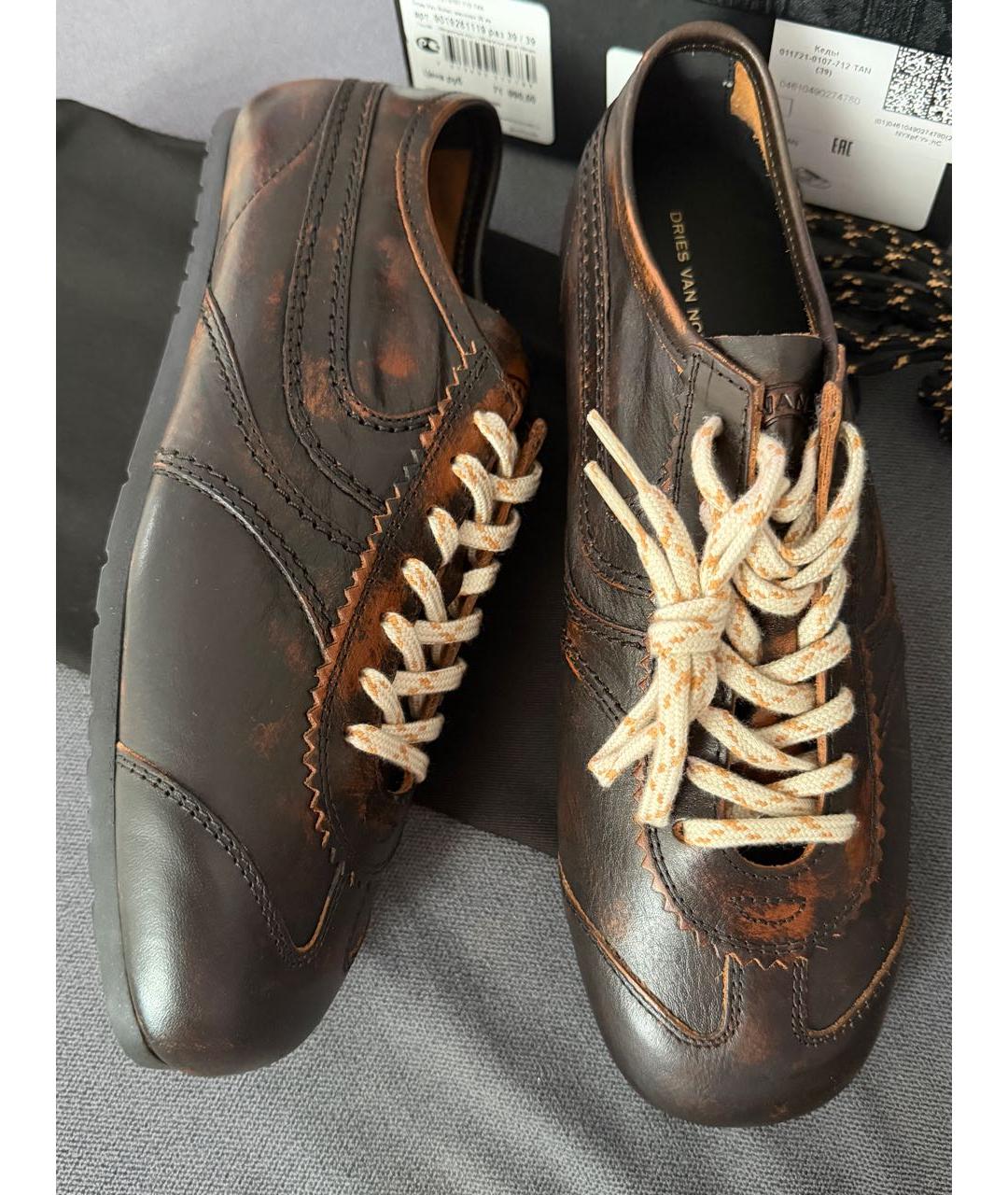 DRIES VAN NOTEN Коричневые кожаные кеды, фото 3