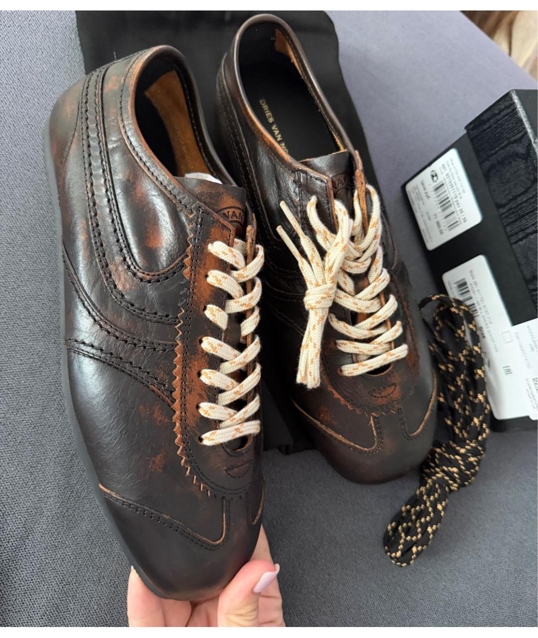 DRIES VAN NOTEN Коричневые кожаные кеды, фото 2