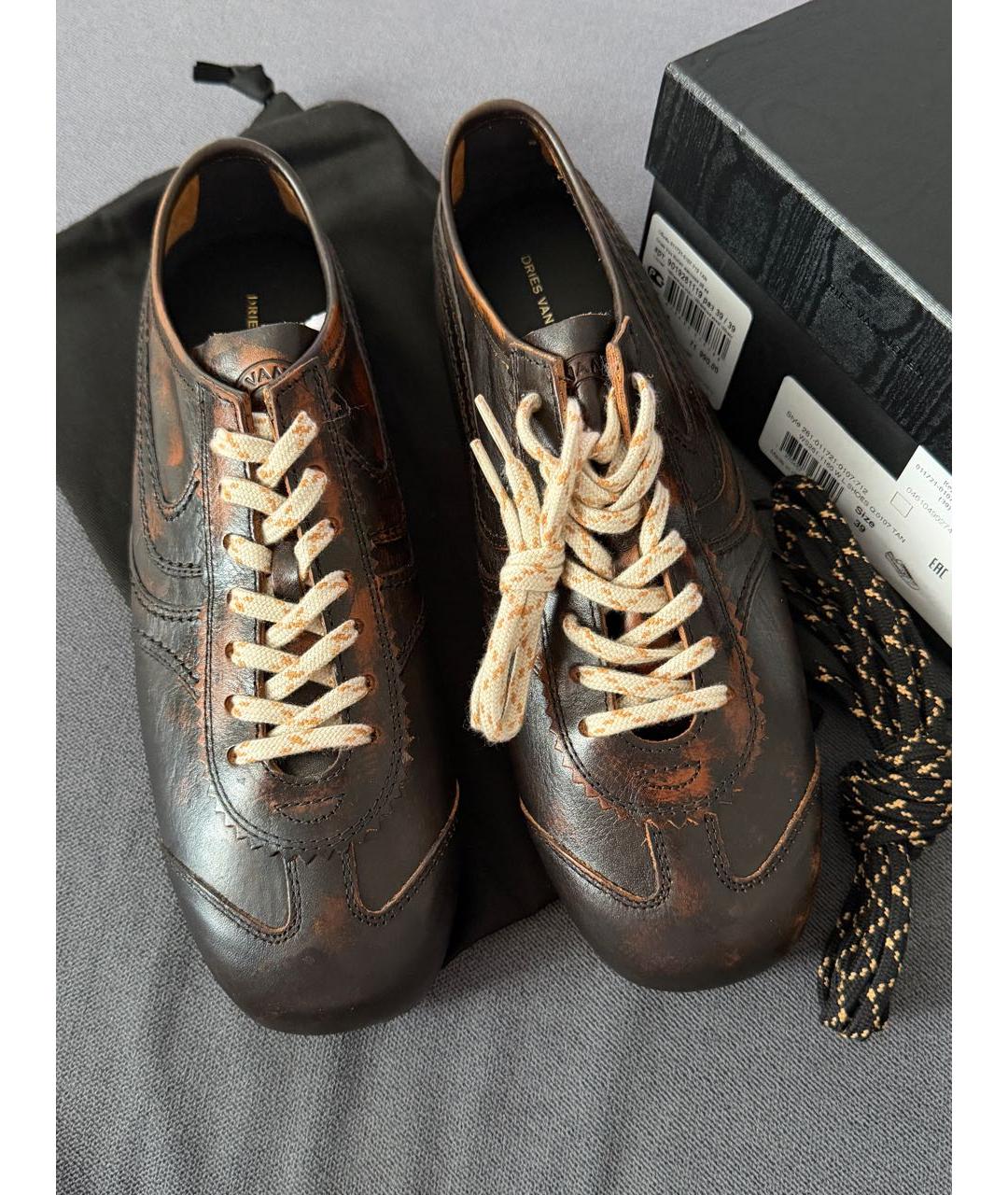 DRIES VAN NOTEN Коричневые кожаные кеды, фото 4