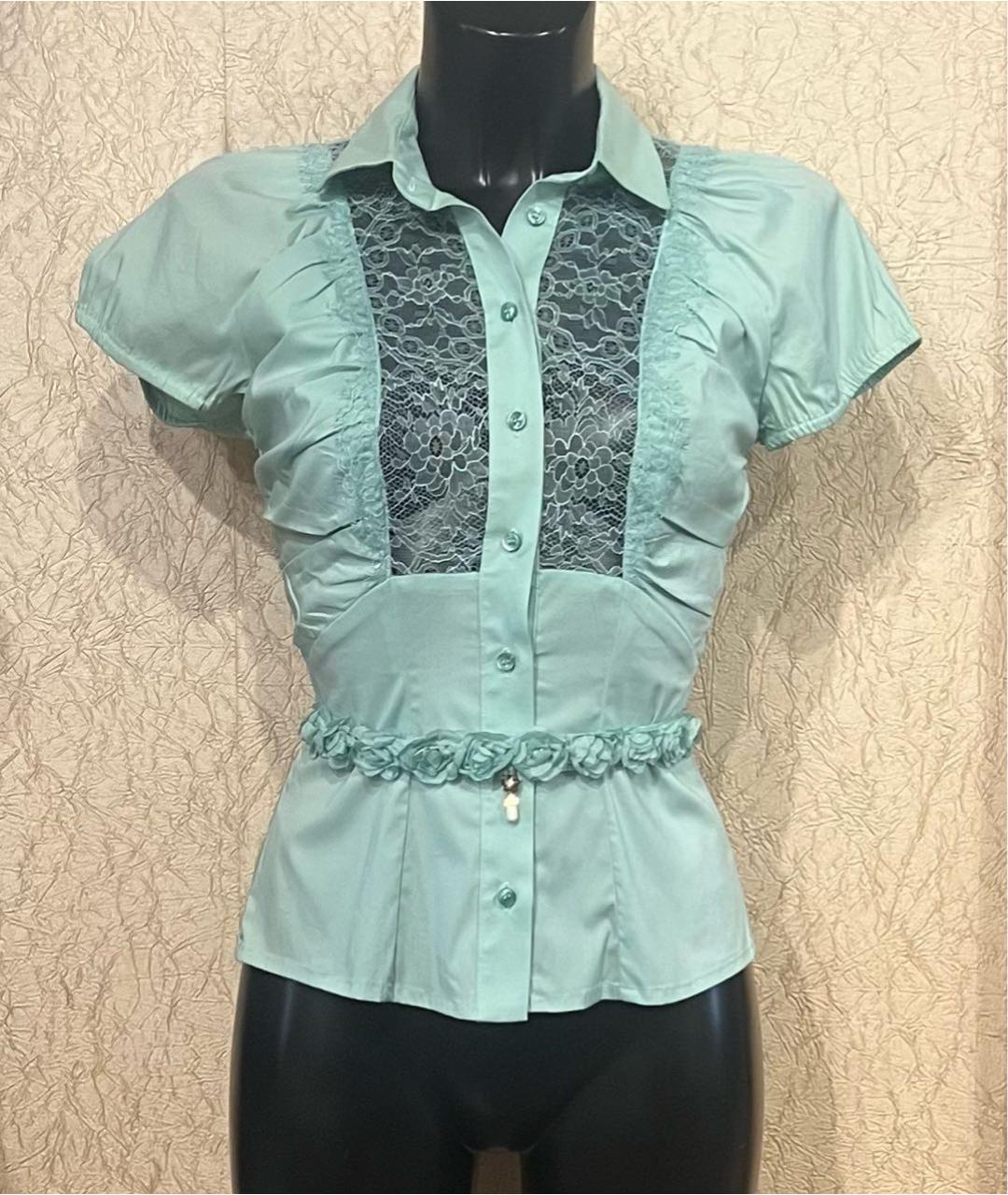 ELISABETTA FRANCHI Зеленая хлопко-эластановая блузы, фото 6