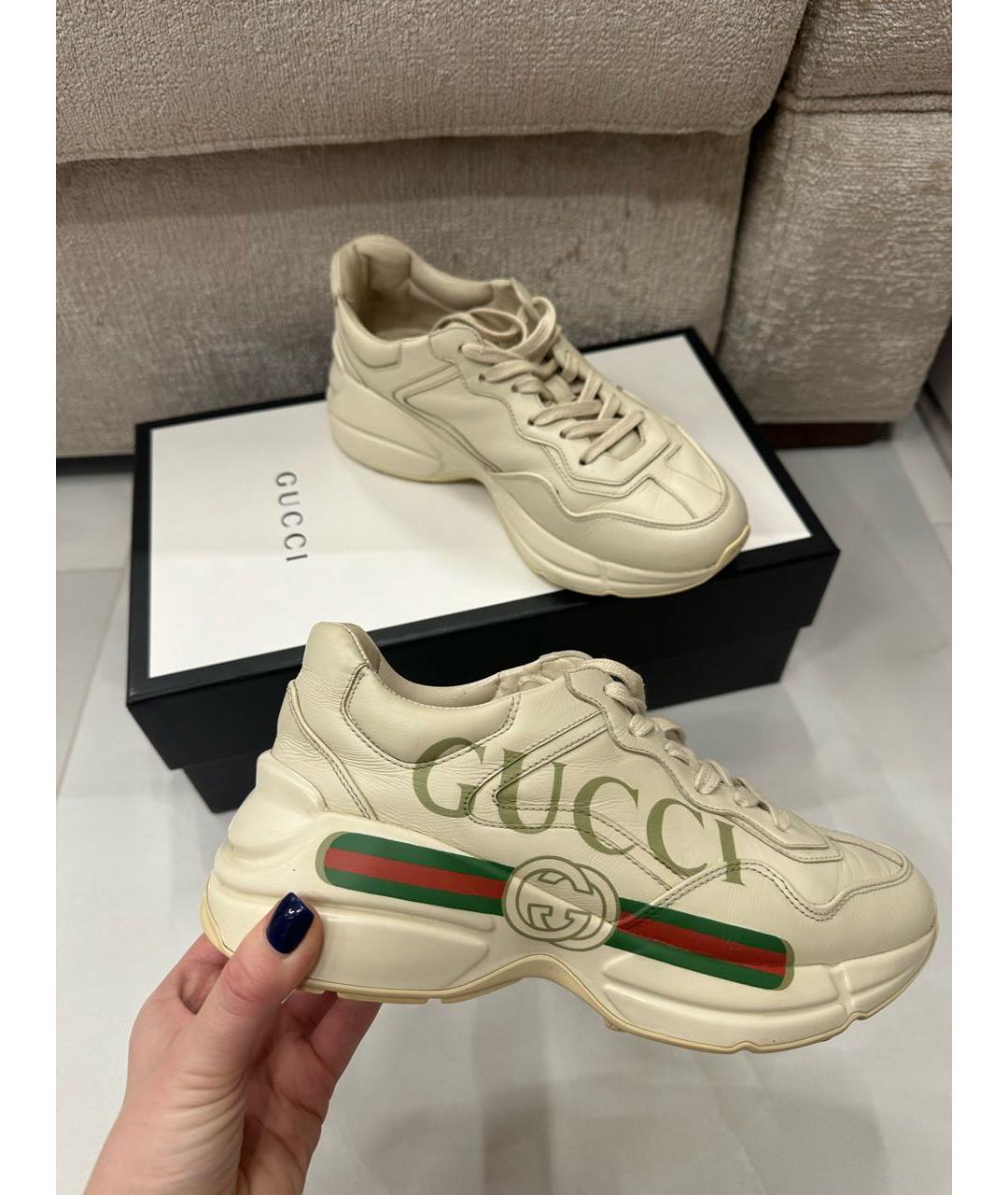 GUCCI Бежевые кожаные кроссовки, фото 9