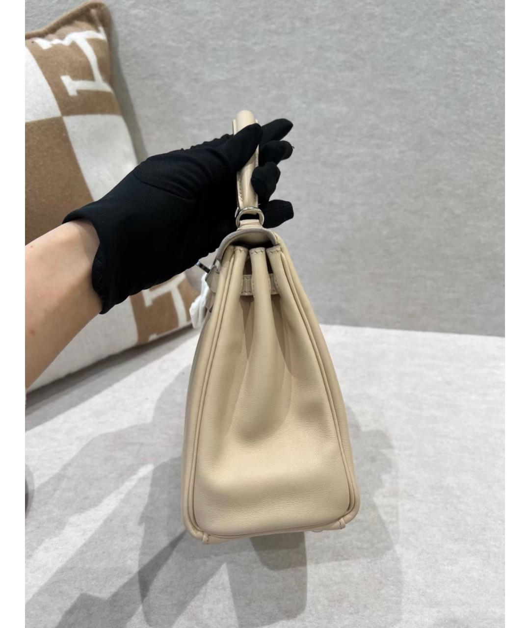HERMES Бежевая кожаная сумка с короткими ручками, фото 6