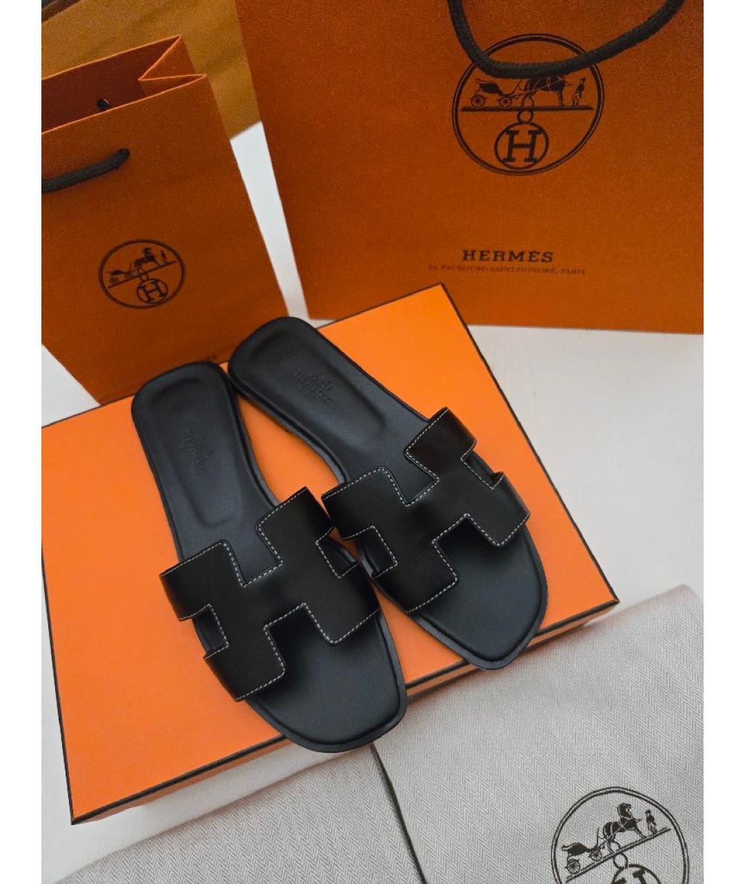 HERMES Черные кожаные шлепанцы, фото 2