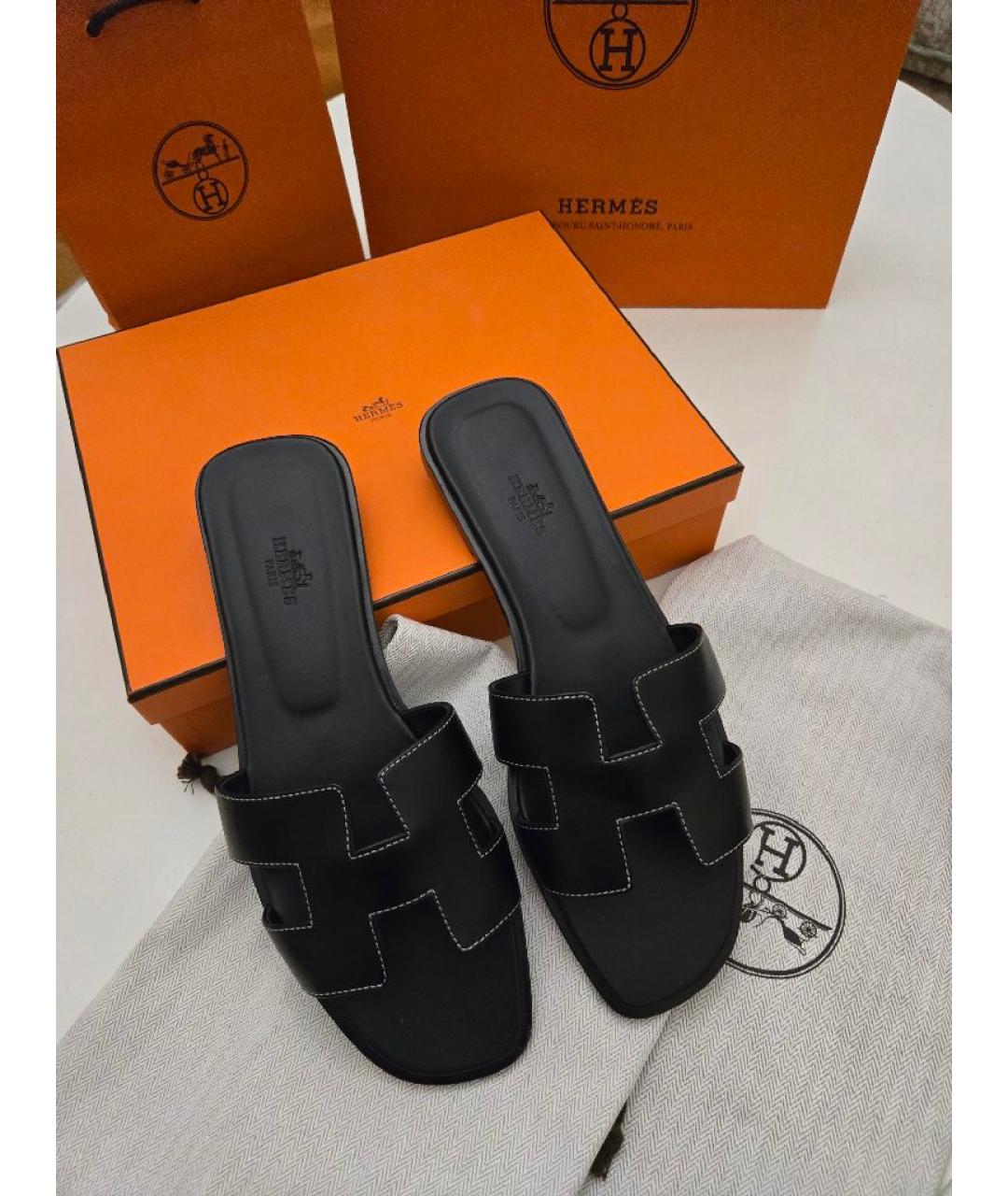 HERMES Черные кожаные шлепанцы, фото 4