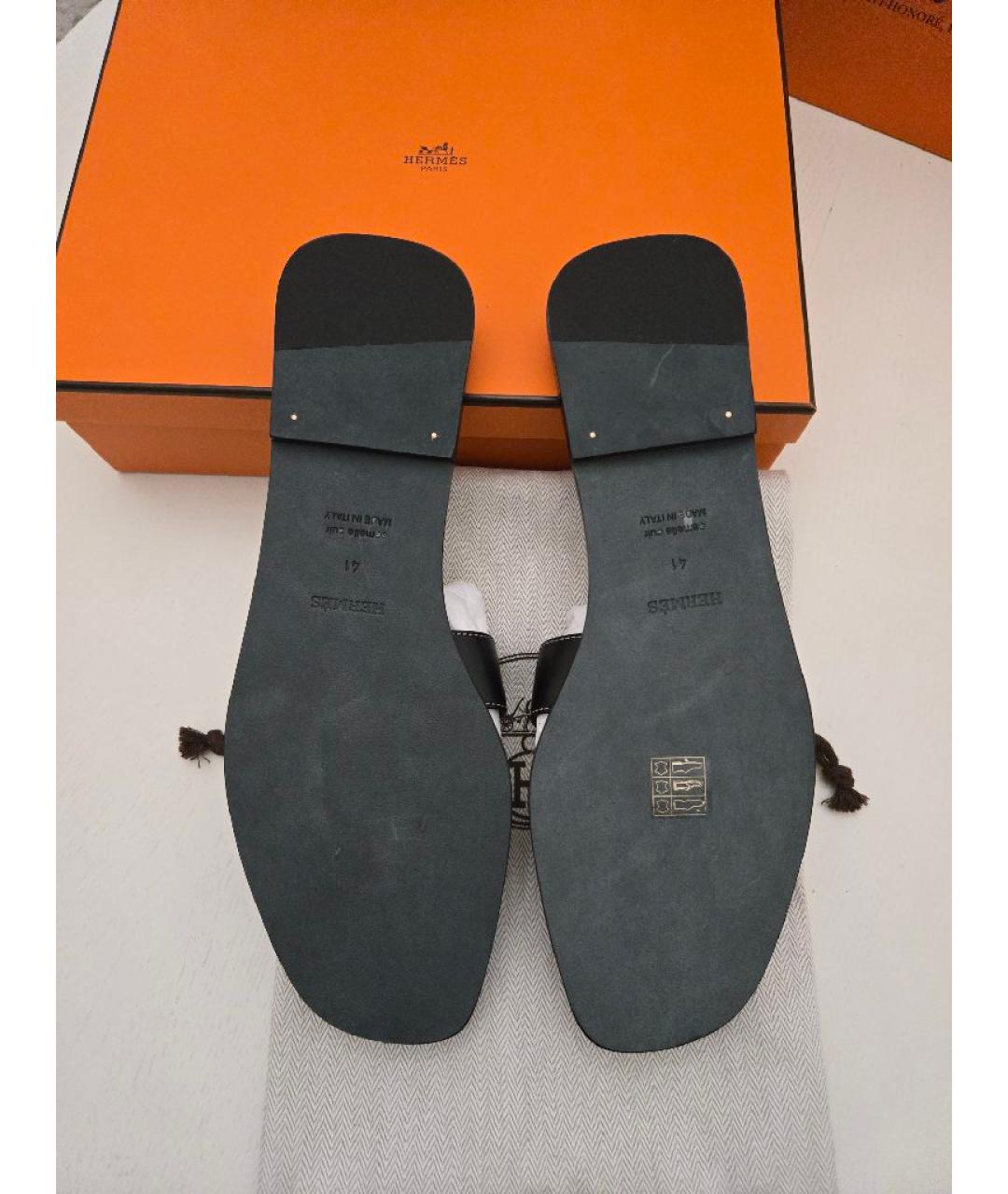 HERMES Черные кожаные шлепанцы, фото 6