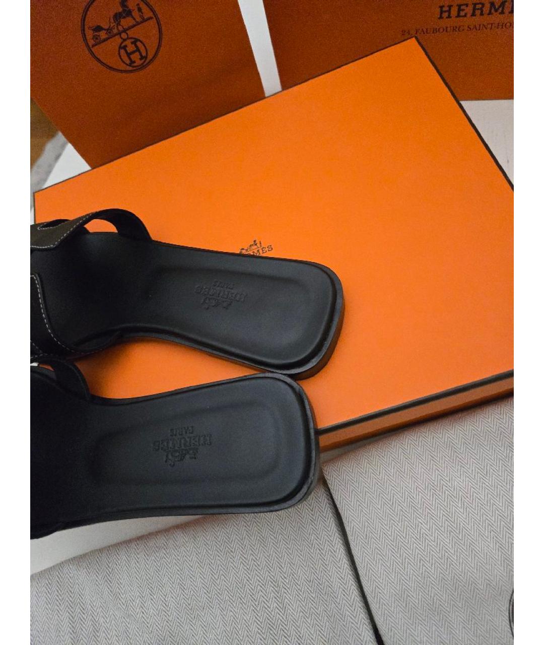 HERMES Черные кожаные шлепанцы, фото 8