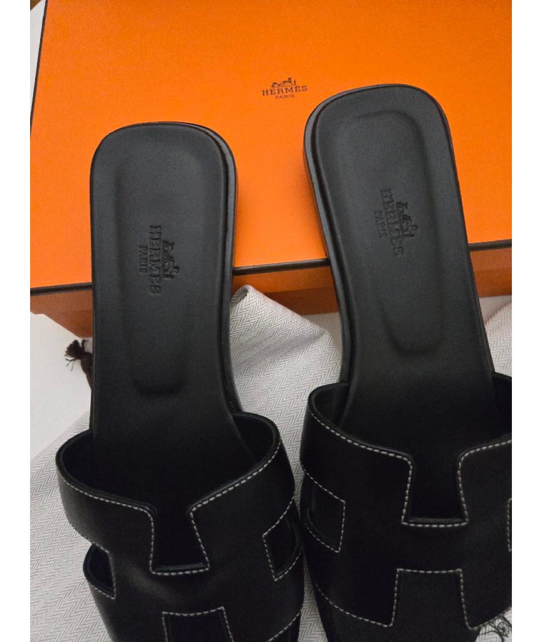 HERMES Черные кожаные шлепанцы, фото 3