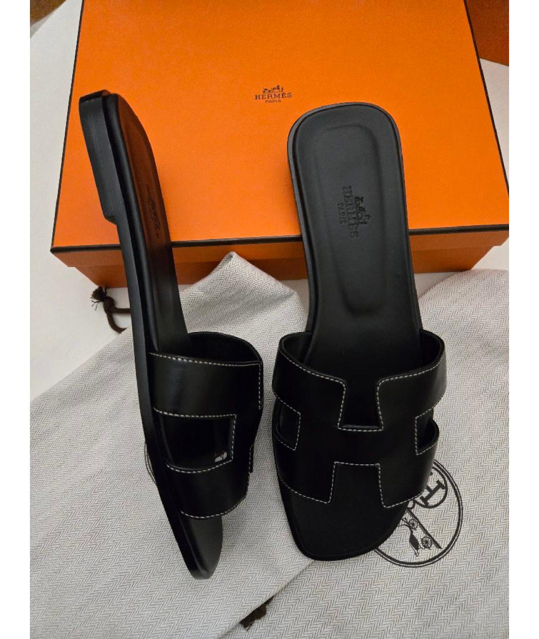 HERMES Черные кожаные шлепанцы, фото 10