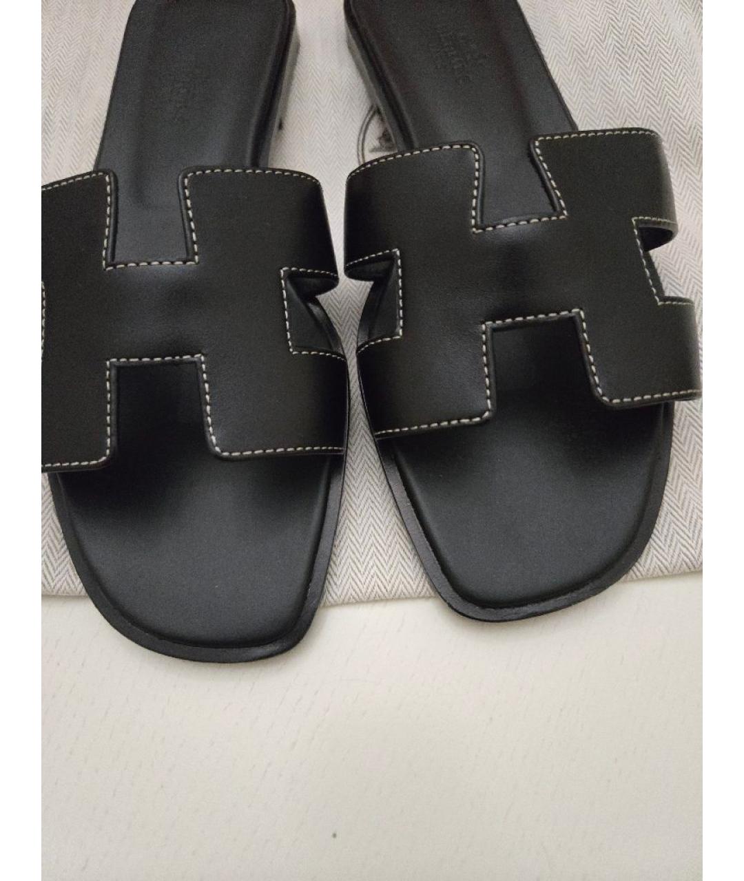 HERMES Черные кожаные шлепанцы, фото 7