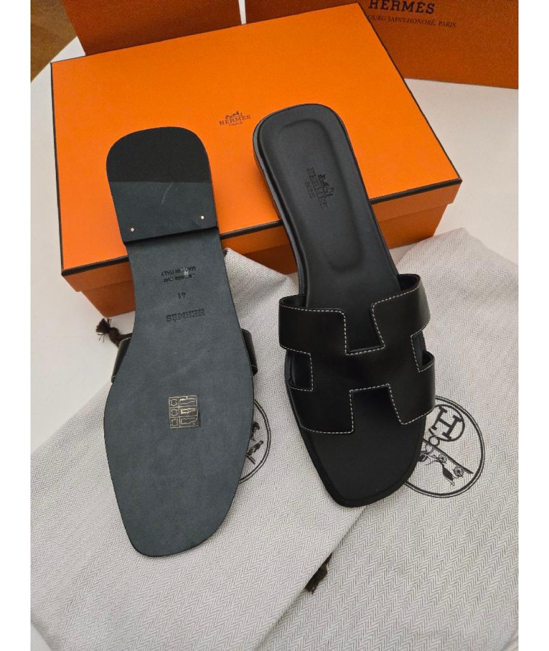 HERMES Черные кожаные шлепанцы, фото 5