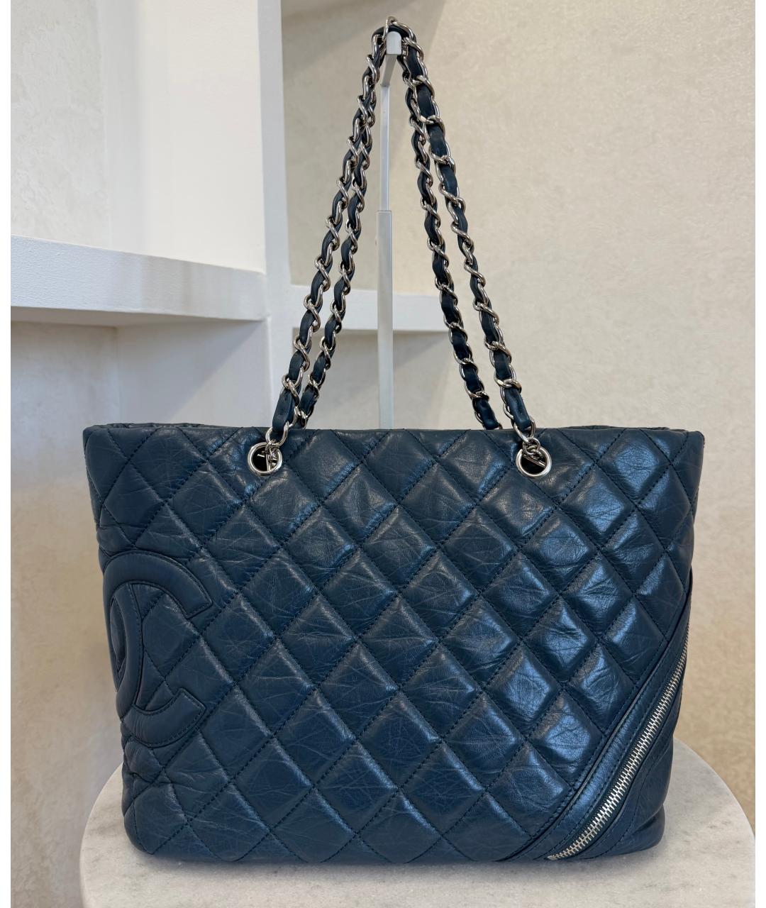 CHANEL Темно-синяя кожаная сумка тоут, фото 4