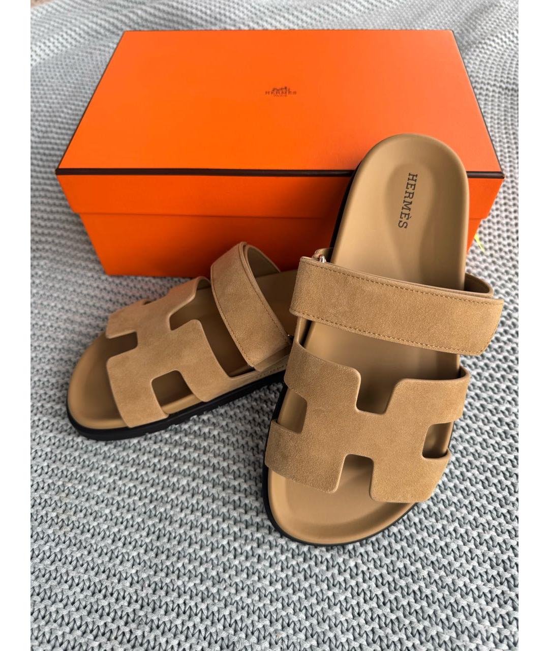 HERMES Бежевые замшевые шлепанцы, фото 3