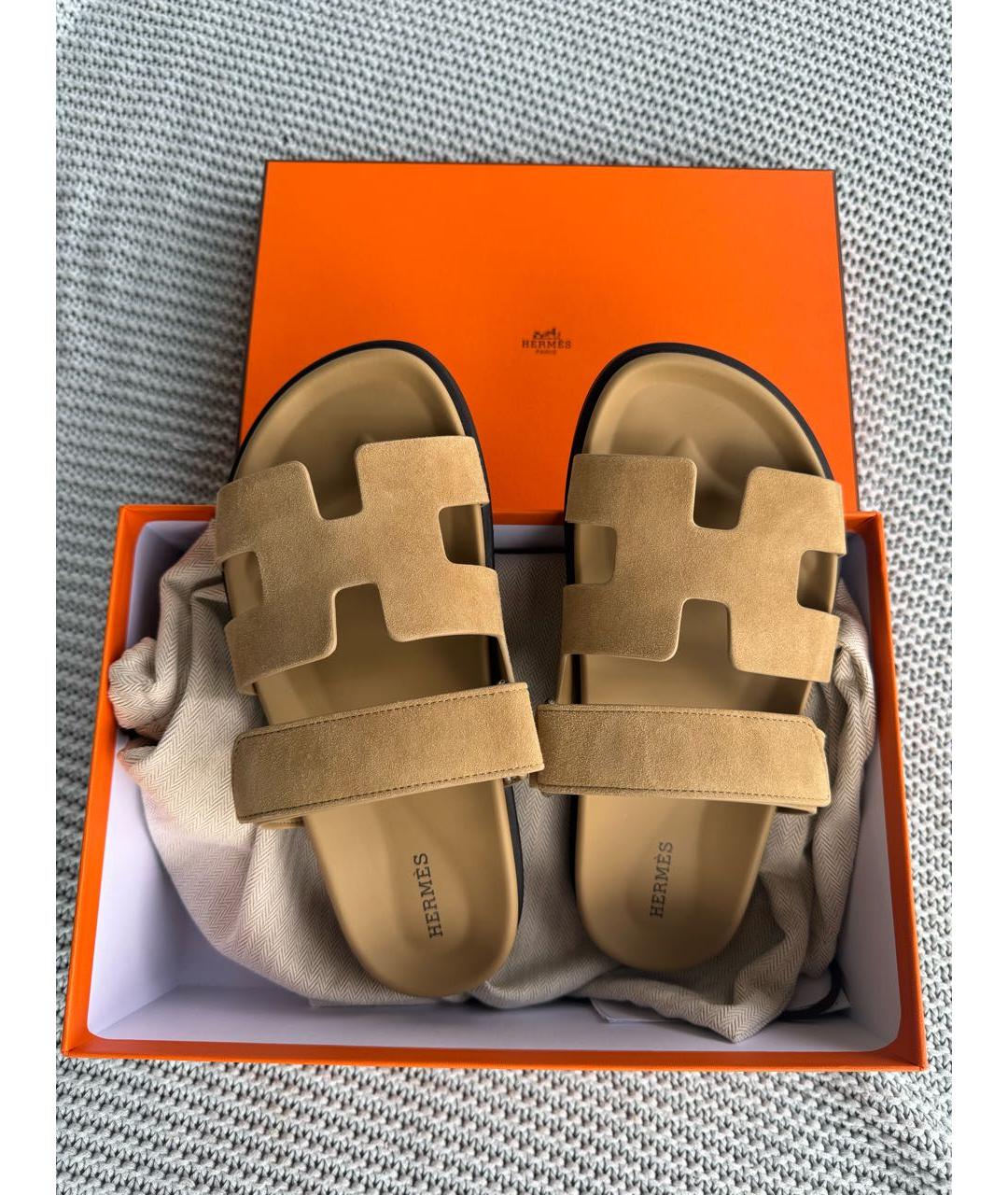 HERMES Бежевые замшевые шлепанцы, фото 4