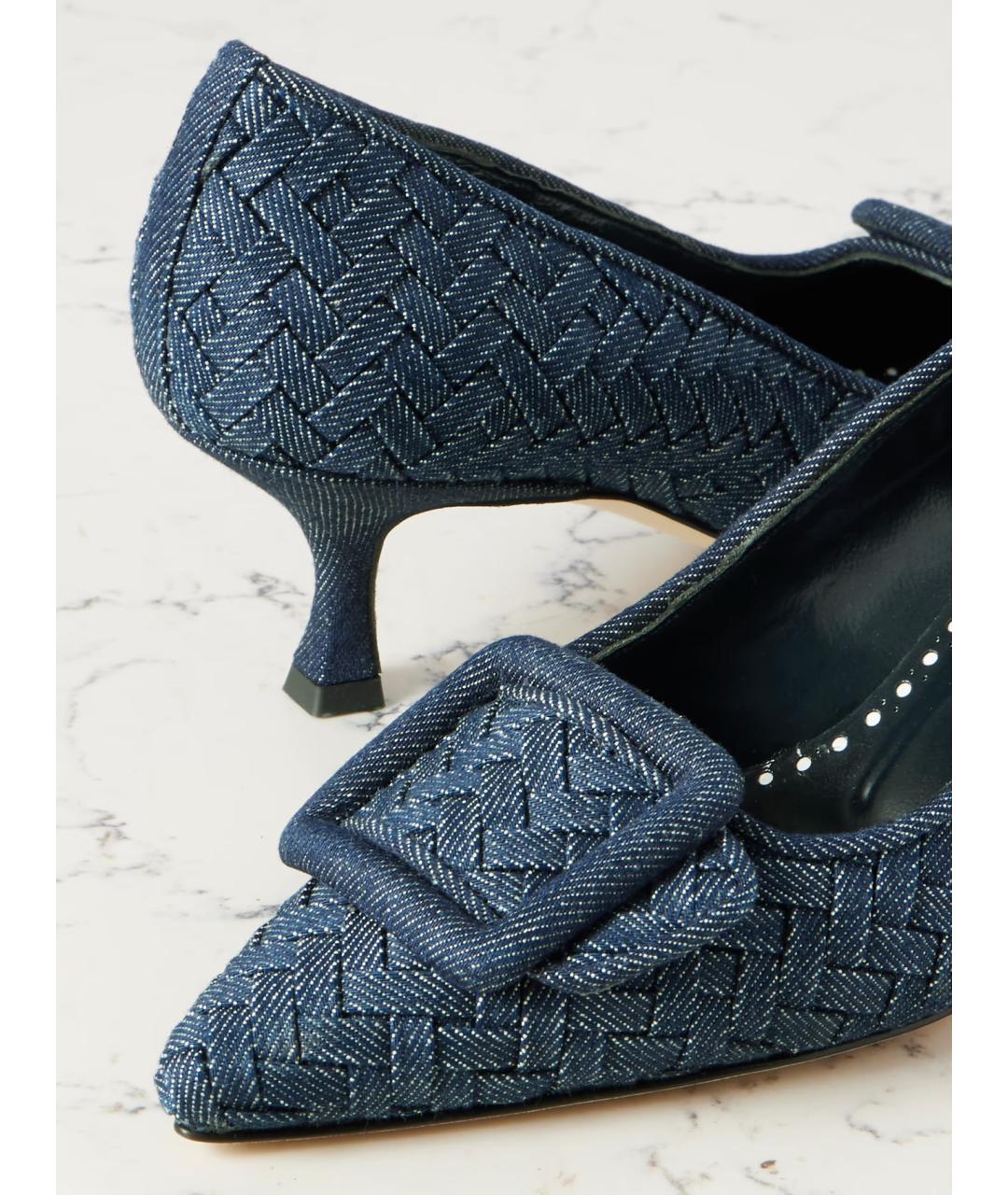 MANOLO BLAHNIK Темно-синие текстильные лодочки на низком каблуке, фото 3