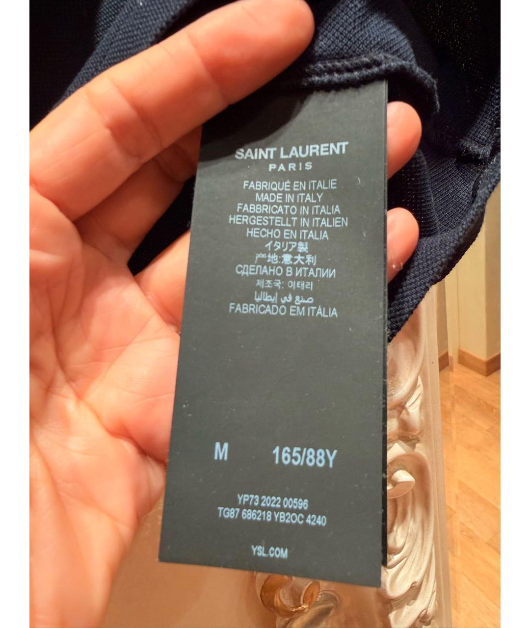 SAINT LAURENT Темно-синяя хлопковая футболка, фото 4