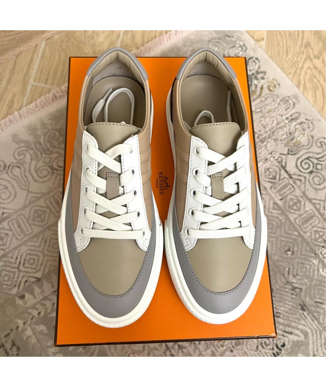 HERMES Бежевые кожаные кроссовки, фото 3
