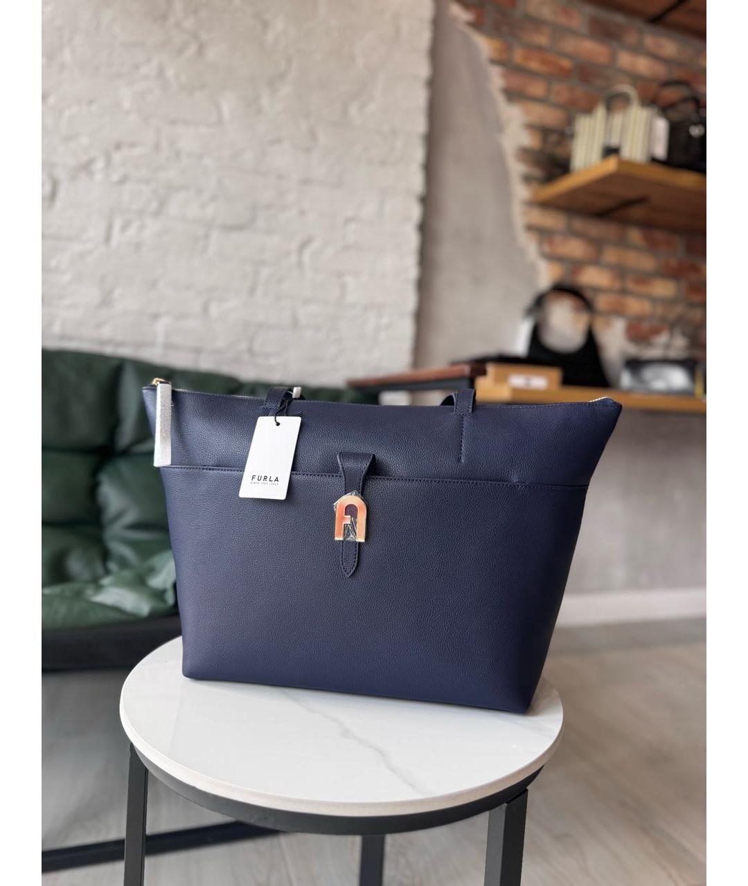 FURLA Темно-синяя кожаная сумка тоут, фото 5