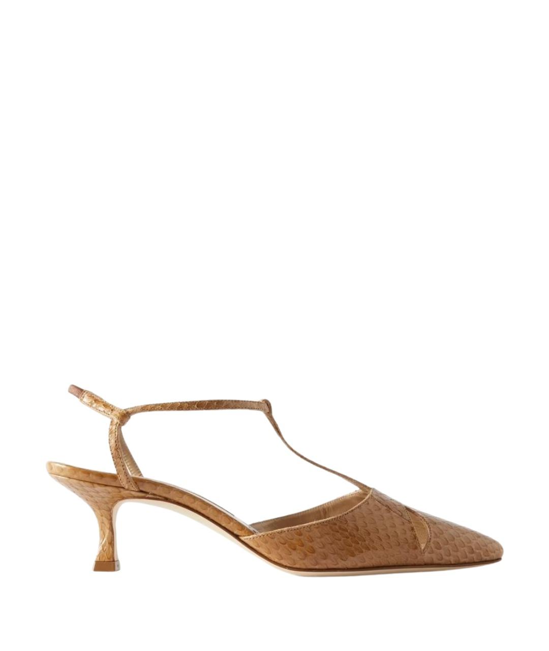 MANOLO BLAHNIK Коричневые кожаные лодочки на низком каблуке, фото 1