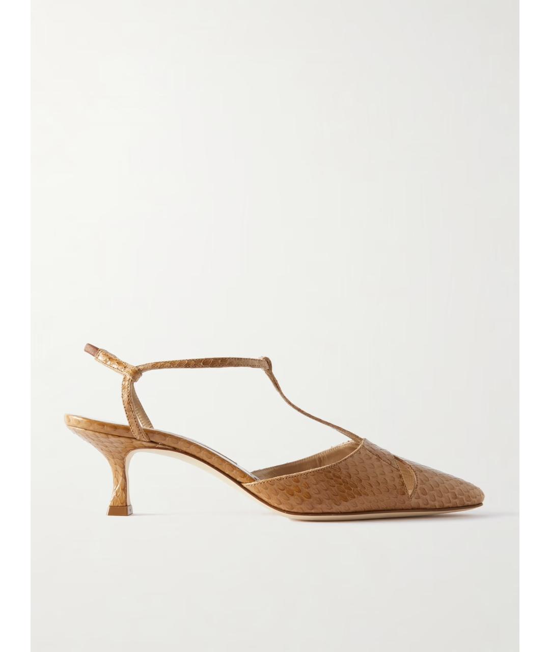 MANOLO BLAHNIK Коричневые кожаные лодочки на низком каблуке, фото 5