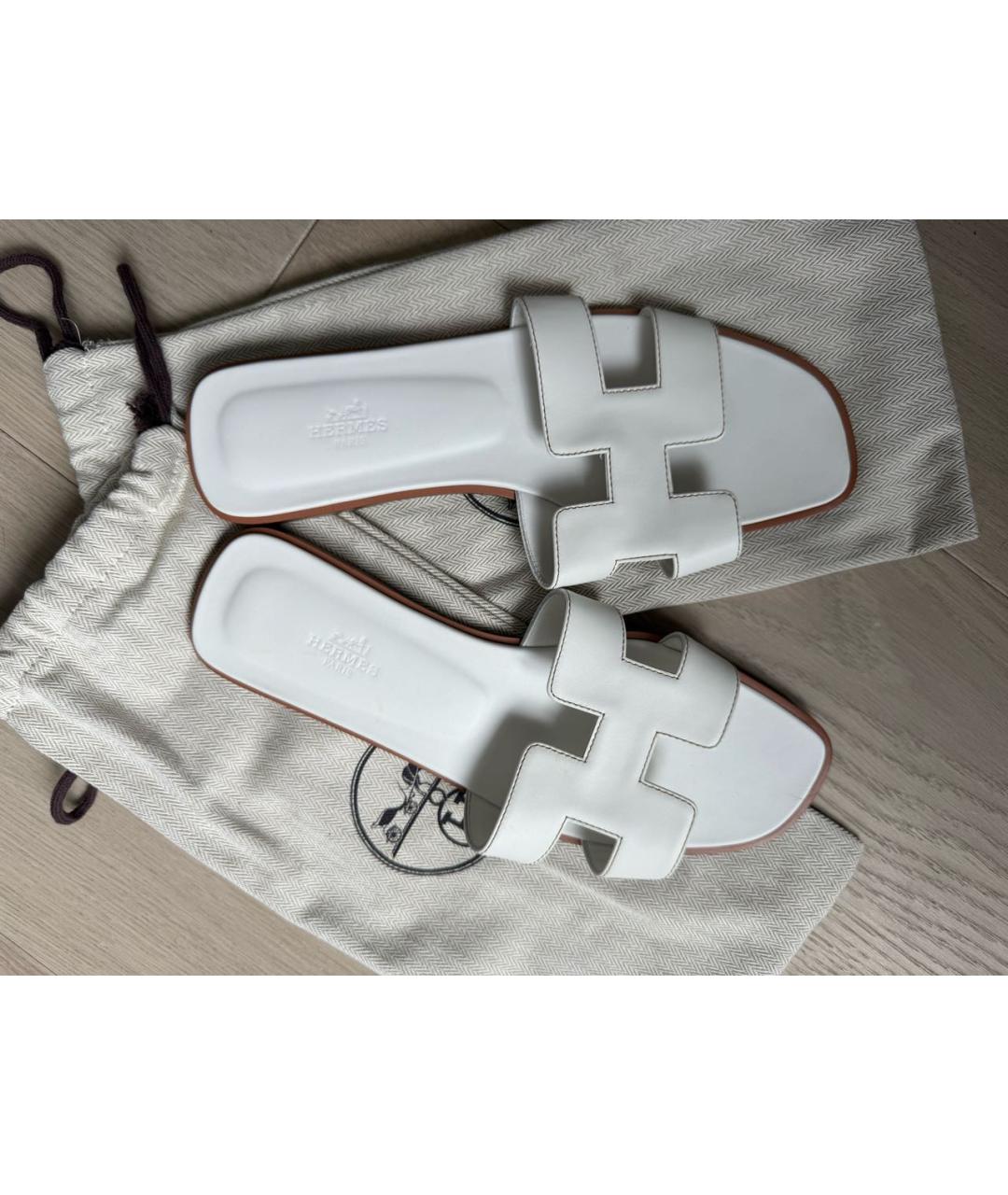 HERMES Белые кожаные шлепанцы, фото 3