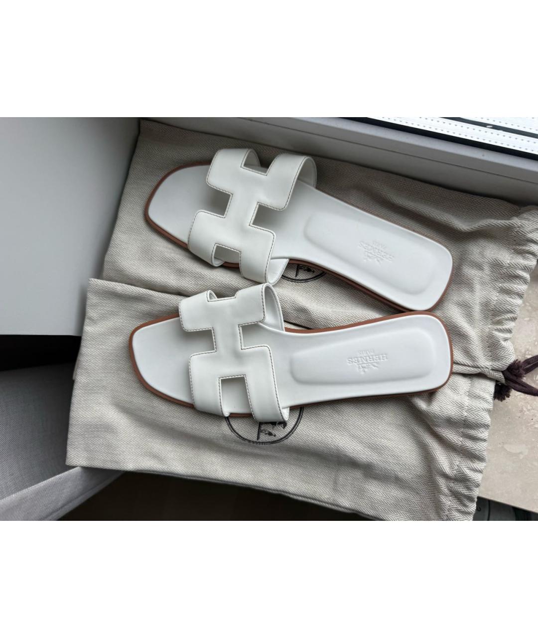 HERMES Белые кожаные шлепанцы, фото 5