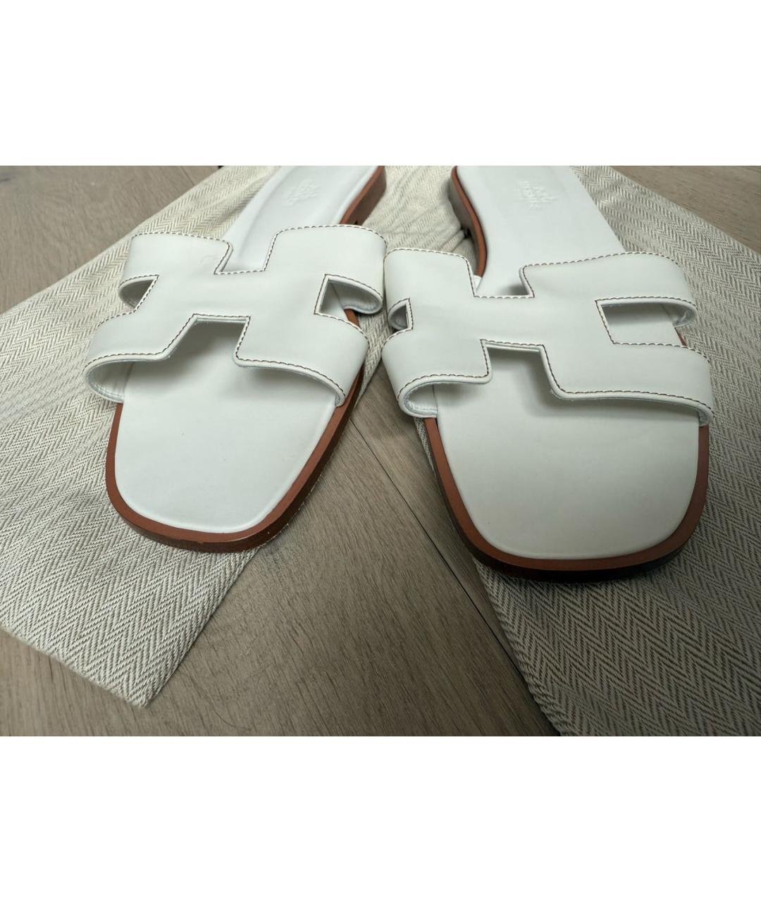 HERMES Белые кожаные шлепанцы, фото 2