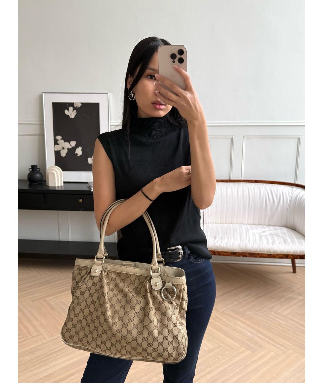 GUCCI Бежевая жаккардовая сумка тоут, фото 4