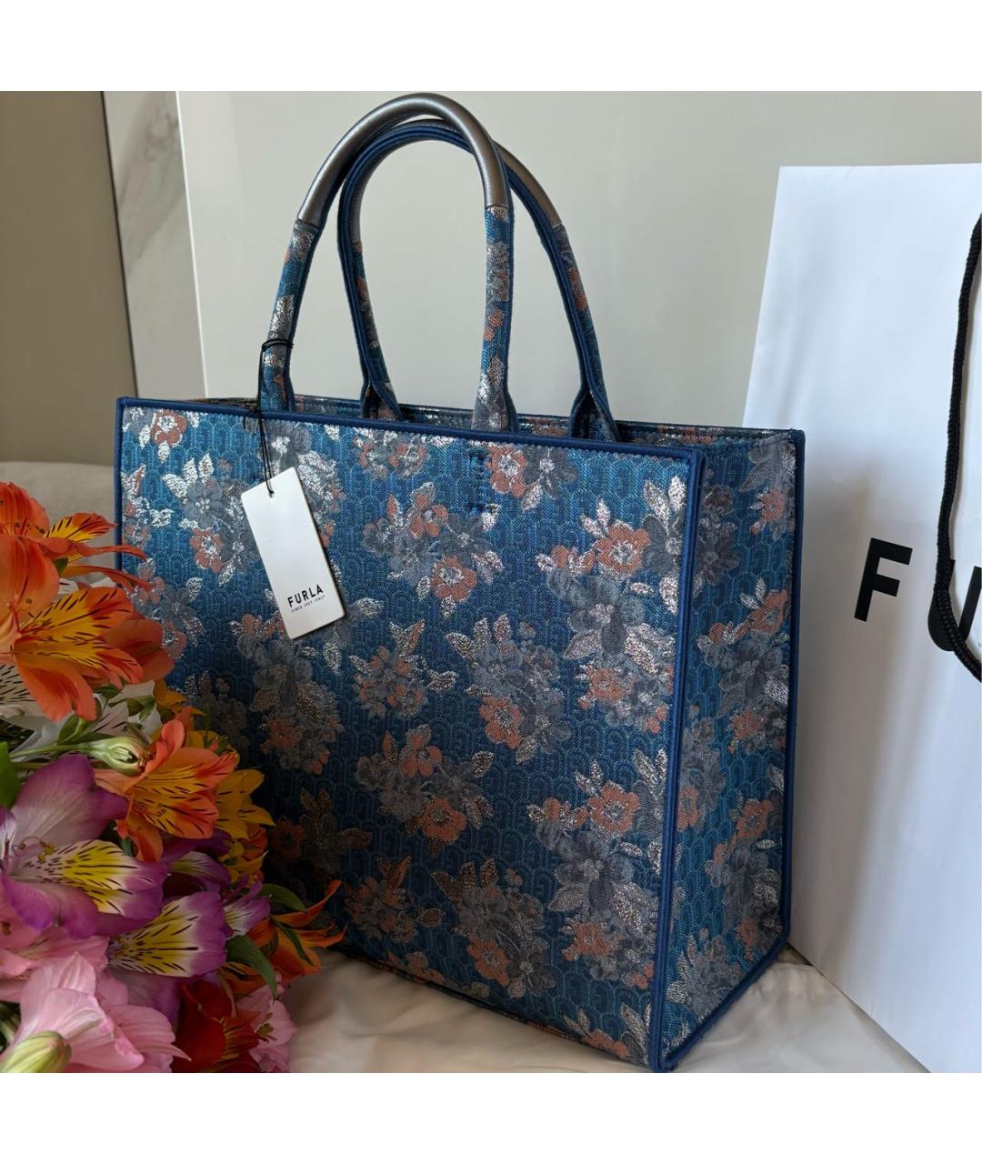 FURLA Темно-синяя тканевая сумка тоут, фото 7