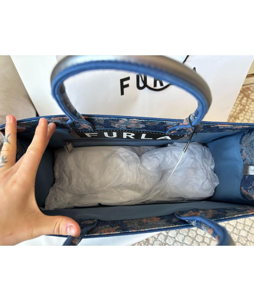 FURLA Темно-синяя тканевая сумка тоут, фото 6