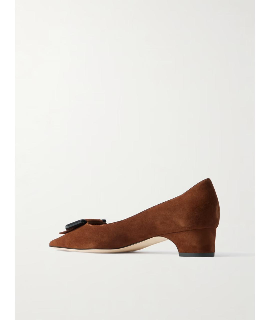MANOLO BLAHNIK Коричневые замшевые лодочки на низком каблуке, фото 4