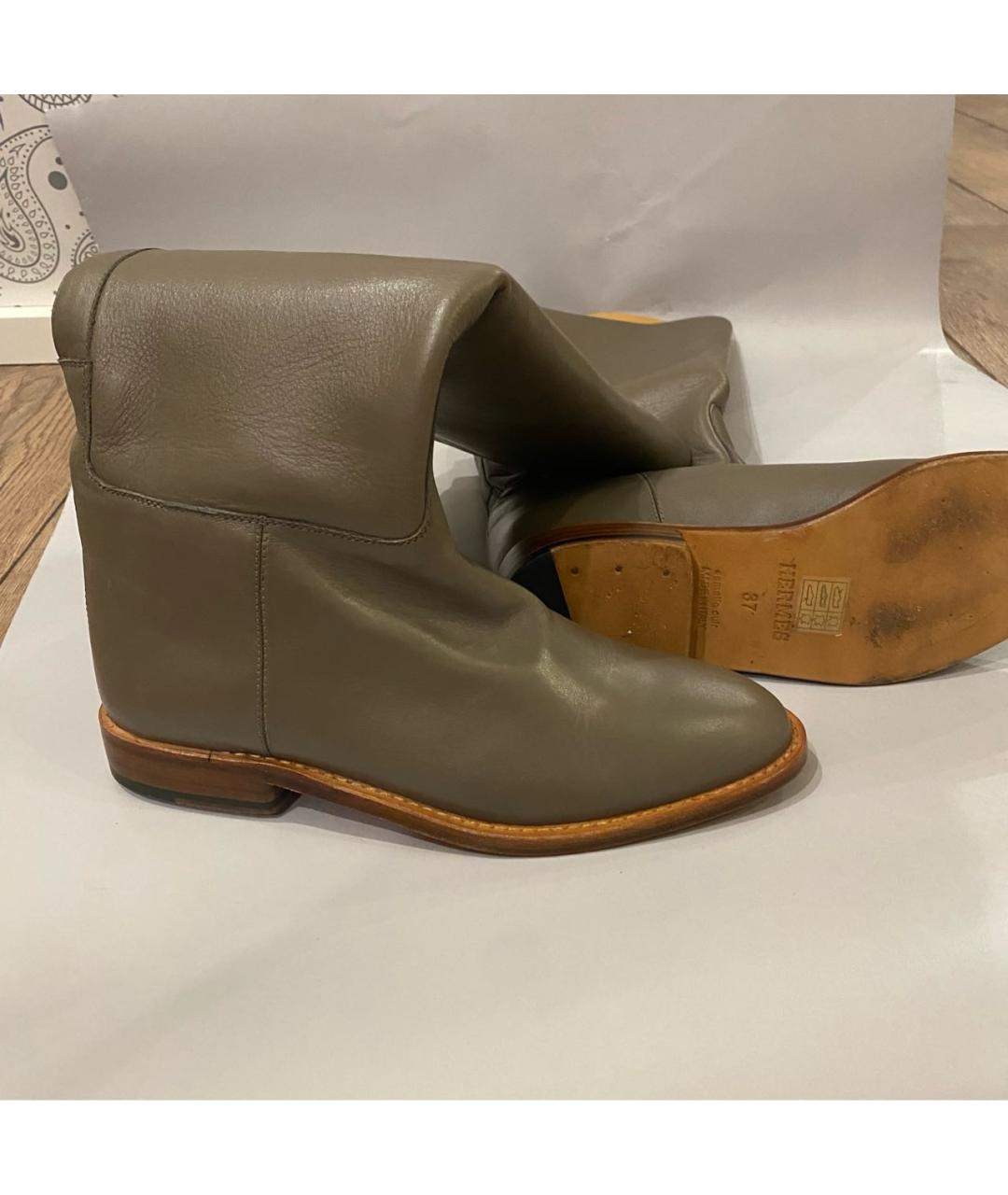 HERMES Хаки кожаные сапоги, фото 6