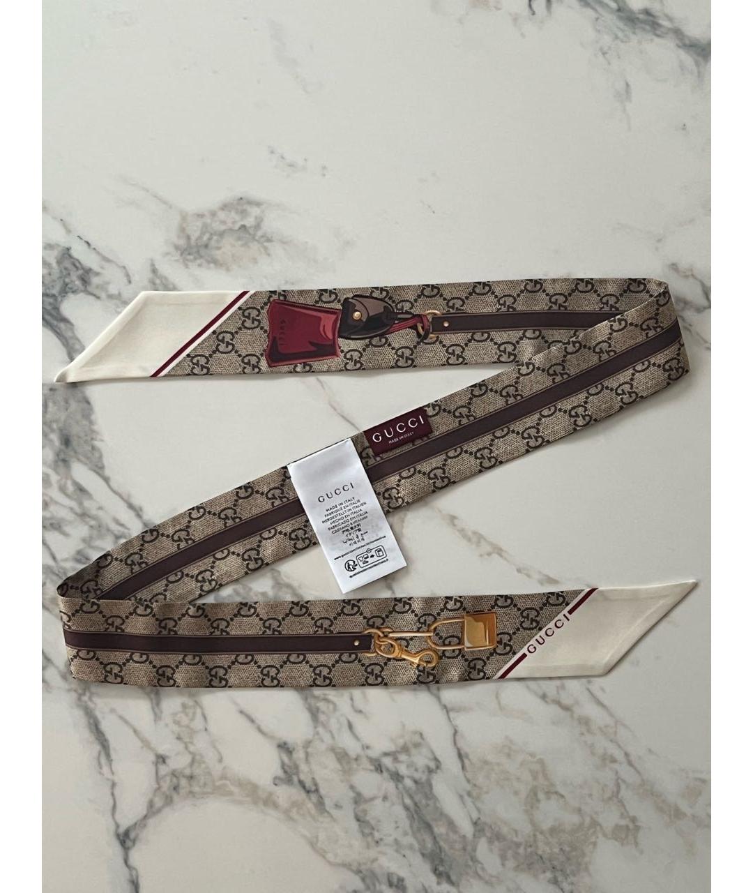 GUCCI Бежевый шелковый шарф, фото 8