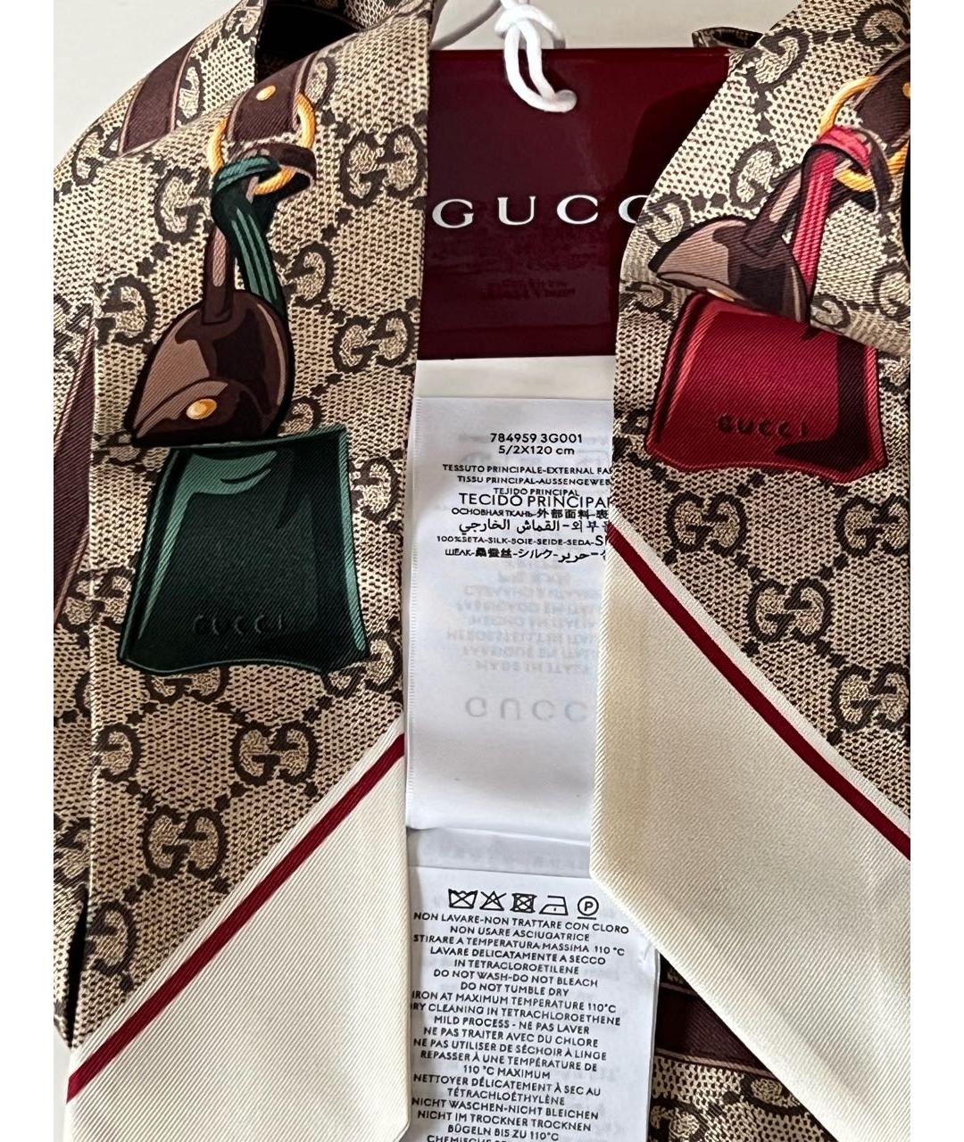 GUCCI Бежевый шелковый шарф, фото 5