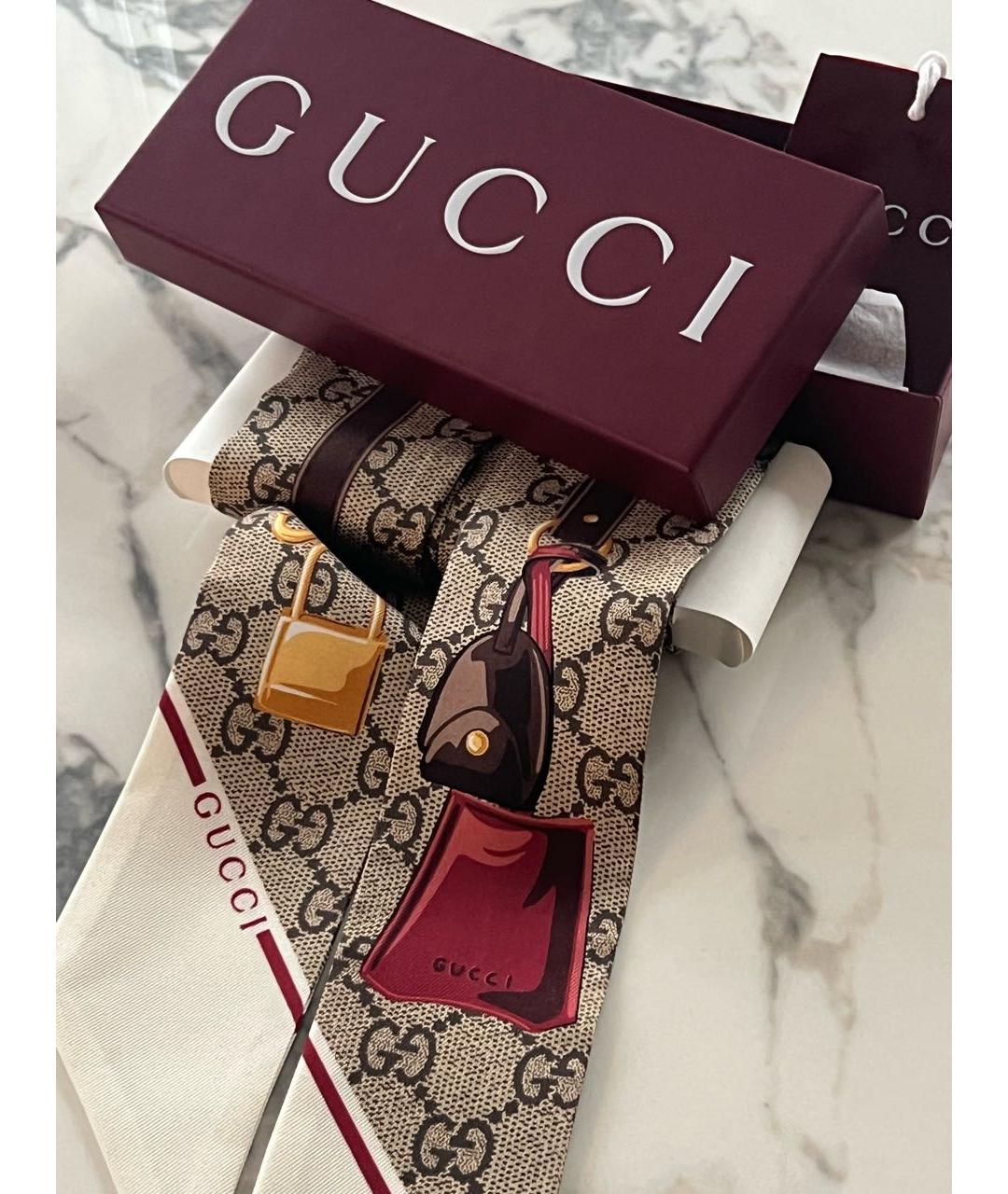 GUCCI Бежевый шелковый шарф, фото 6