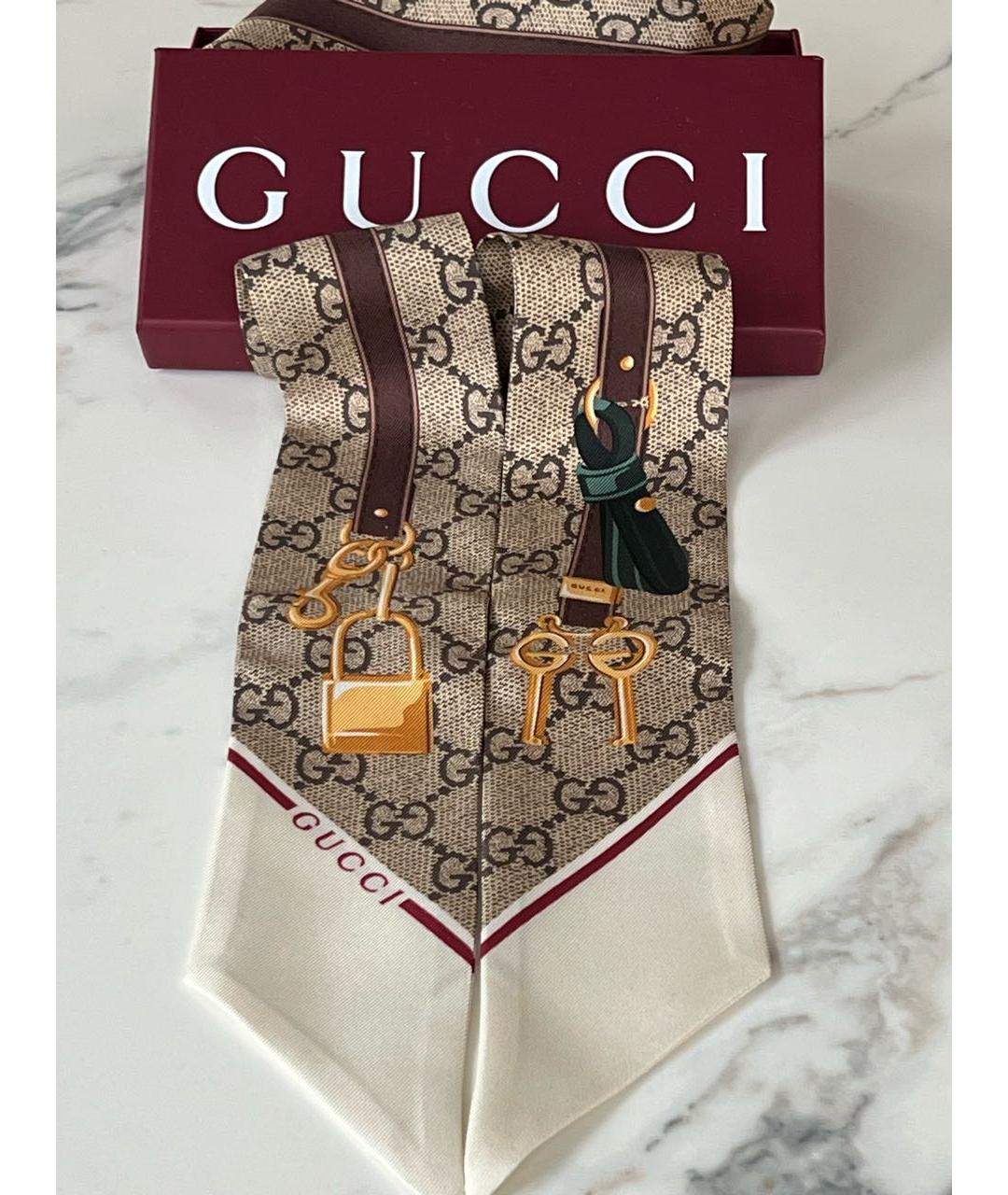 GUCCI Бежевый шелковый шарф, фото 7