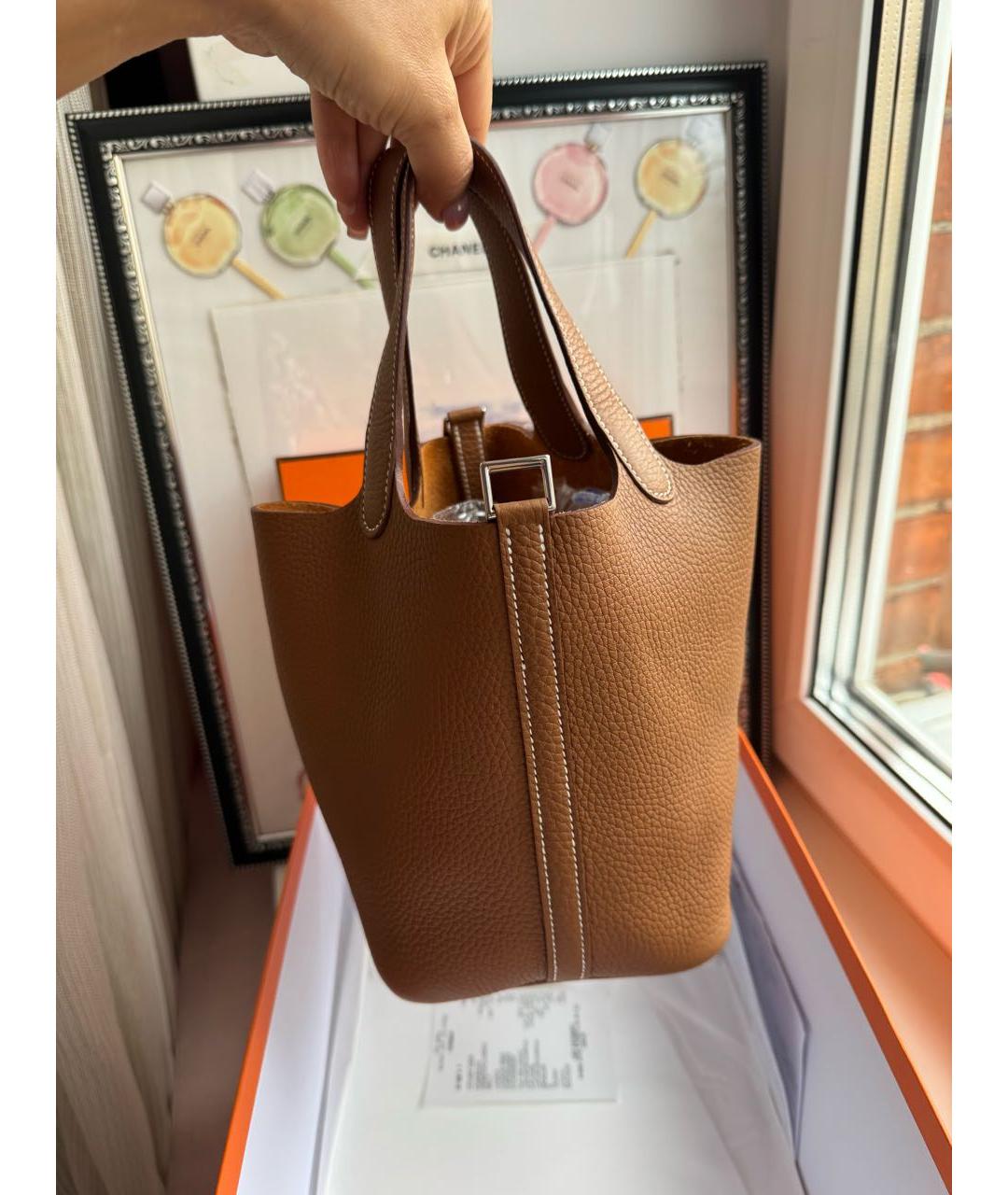 HERMES Коричневая кожаная сумка с короткими ручками, фото 5