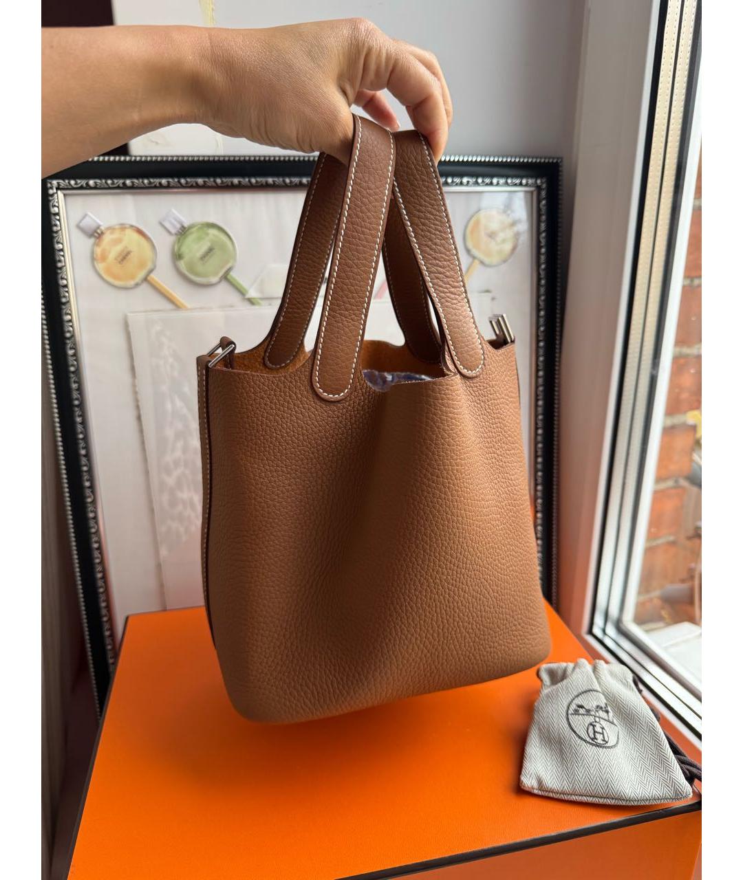 HERMES Коричневая кожаная сумка с короткими ручками, фото 3